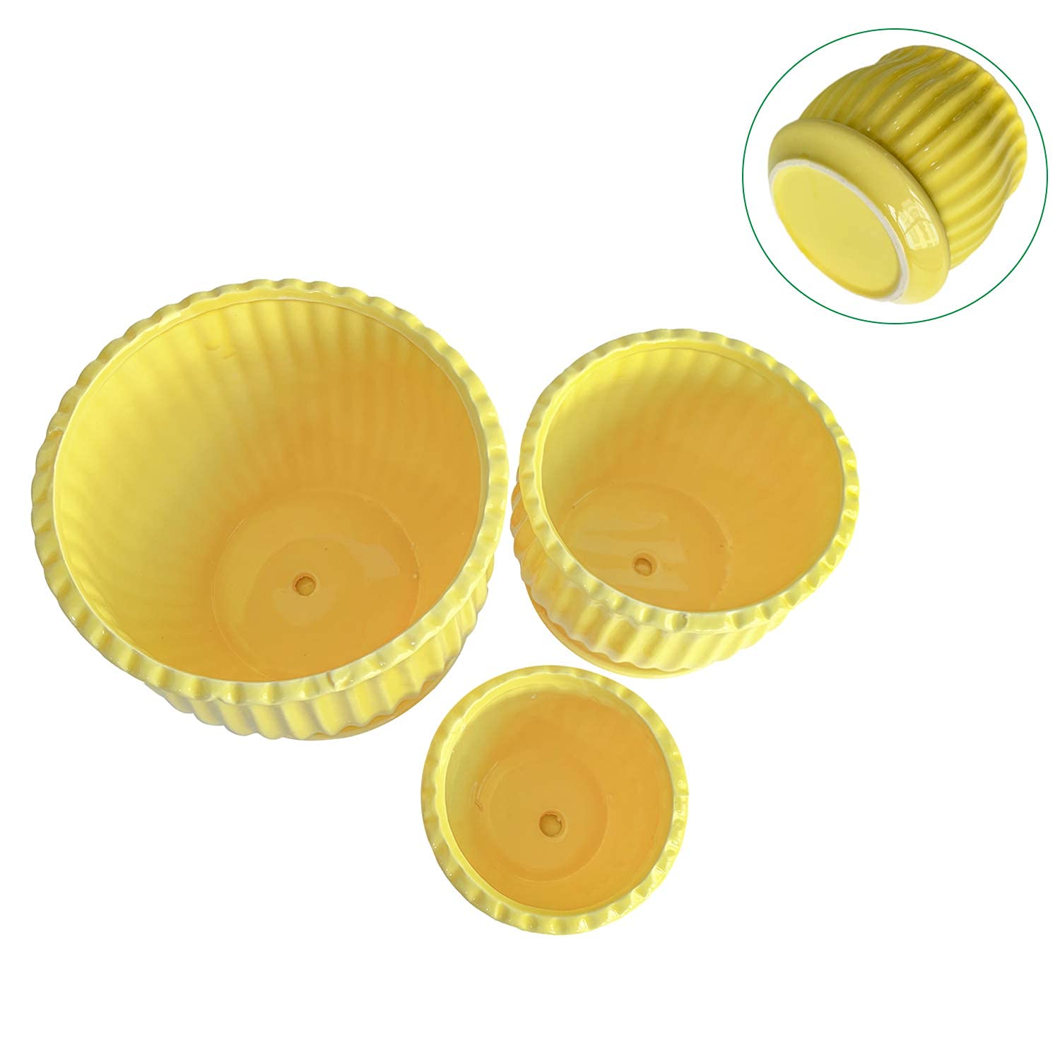 Modern Yellow Ceramic Flower Pots with Saucers - Round Succulent Plant Pots with Stripe Texture, Small to Medium Size (Set of 3) - Perfect for Home Decor, Office Desk & Indoor Plant Display