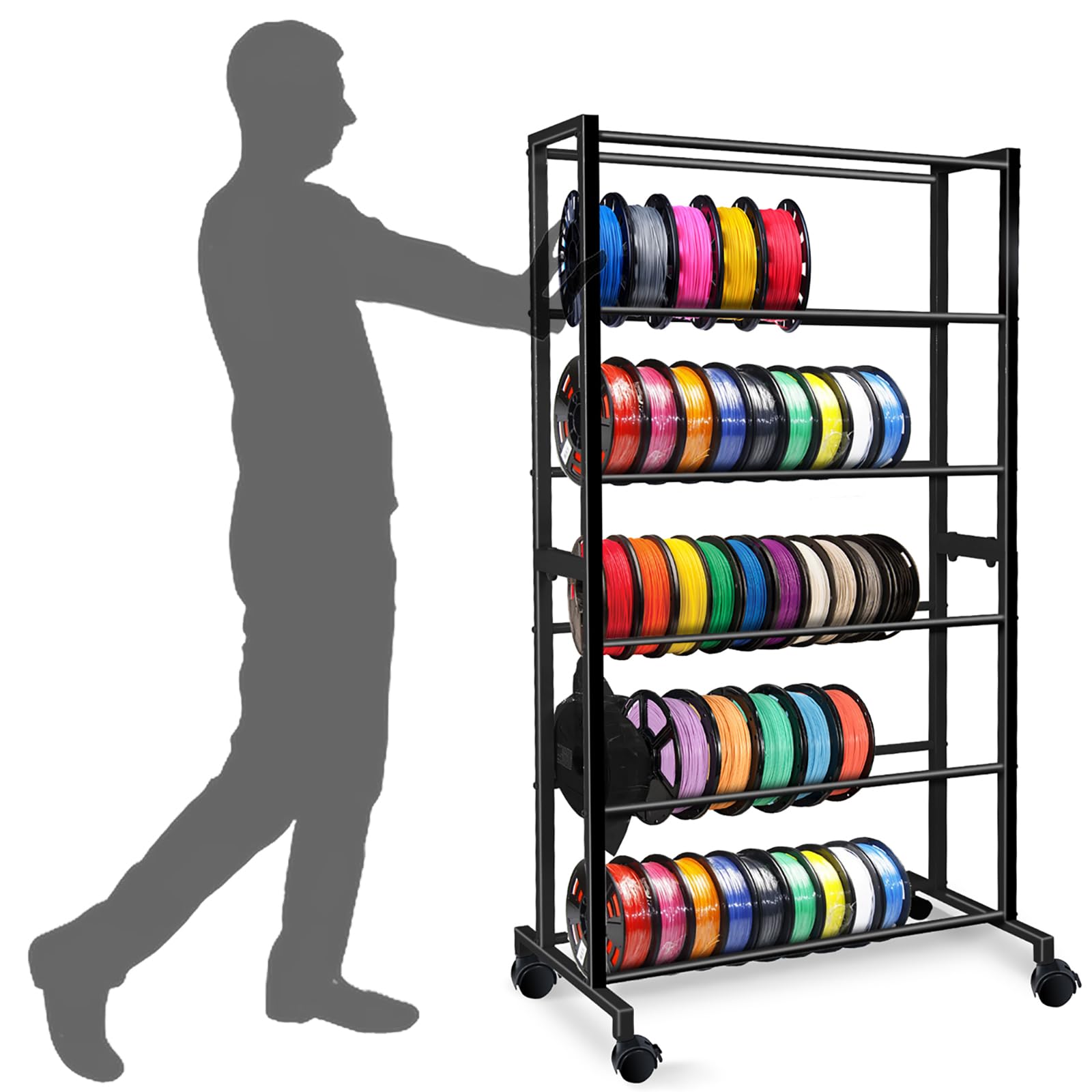 Heavy Duty 6-Tier Metal 3D Printer Filament Storage Rack with Wheels - PLA/ABS/TPU/Nylon Filament Spool Holder Organizer for Home & Office Use (Black)