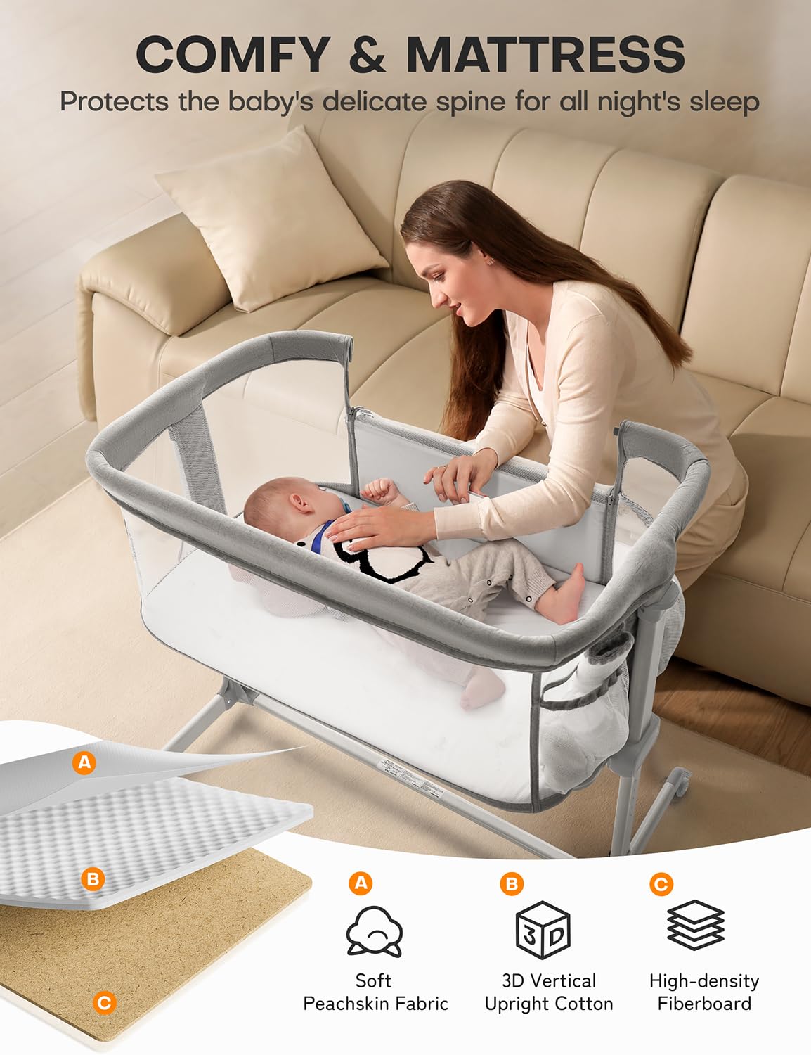 Besrey Baby Bassinet Bedside Sleeper – Breathable Mesh Crib for Newborns with Comfort Mattress, 7-Level Height Adjustment & 360° Swivel Wheels – Portable Infant Bed with Storage Pockets for Nursery, Bedroom, and Travel
