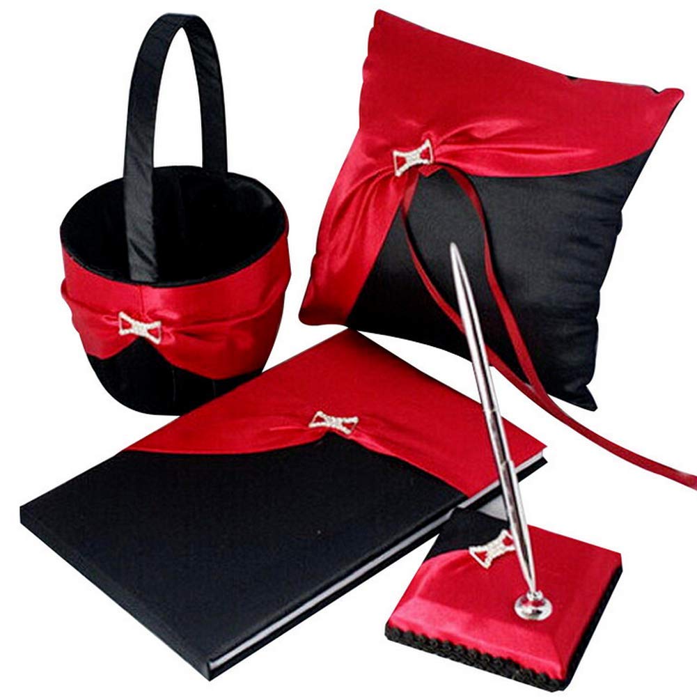 4-Piece Wedding Guest Book Set with Pen, Flower Basket & Rhinestone Ring Pillow - Elegant Bridal Shower & Reception Party Favors for Guests