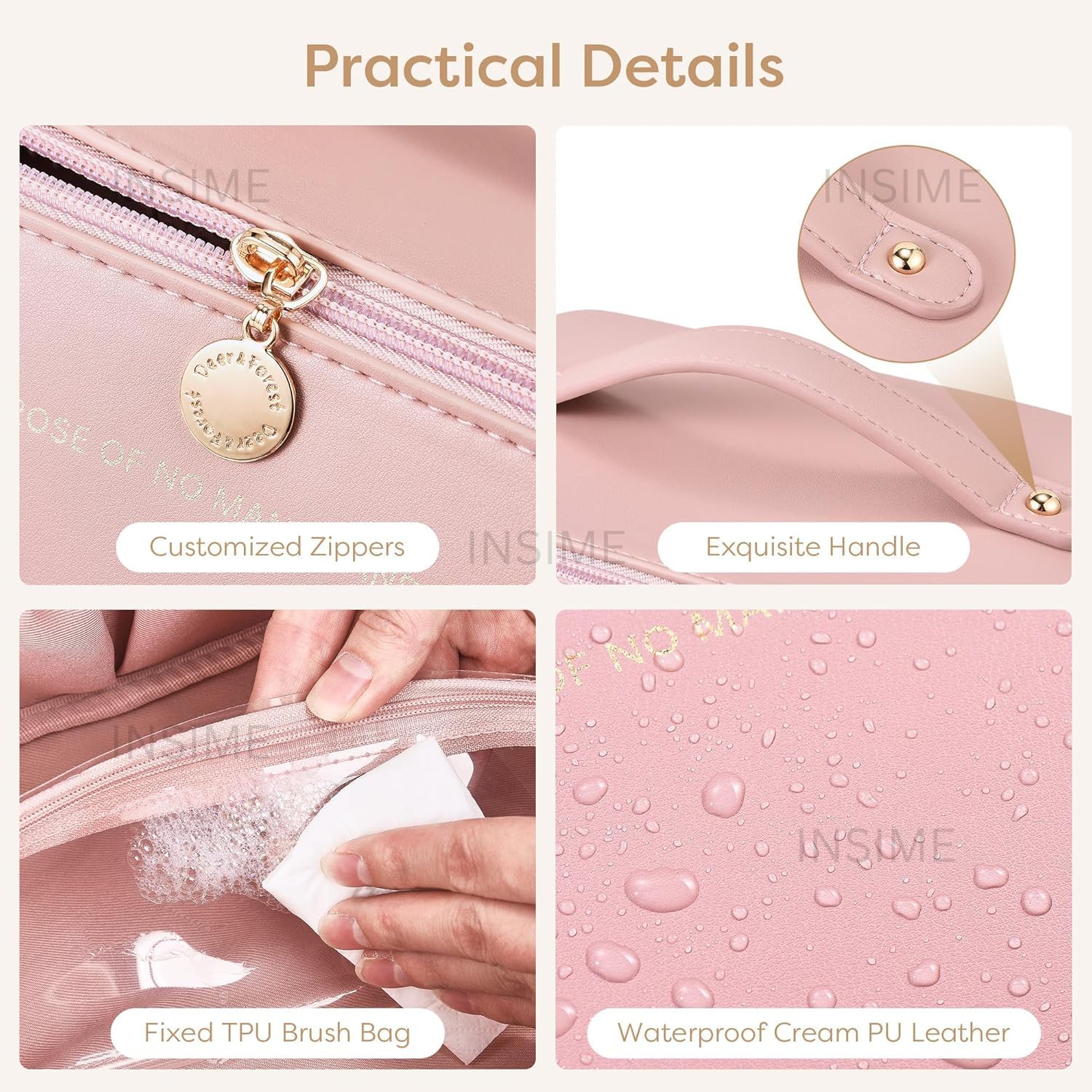 INSIME Large Travel Makeup Organizer Cosmetic Bag for Women - PU Leather Portable Makeup Pouch | Waterproof Cosmetic Case for Toiletries & Beauty Essentials | Perfect for Travel, Gym, and Daily Use