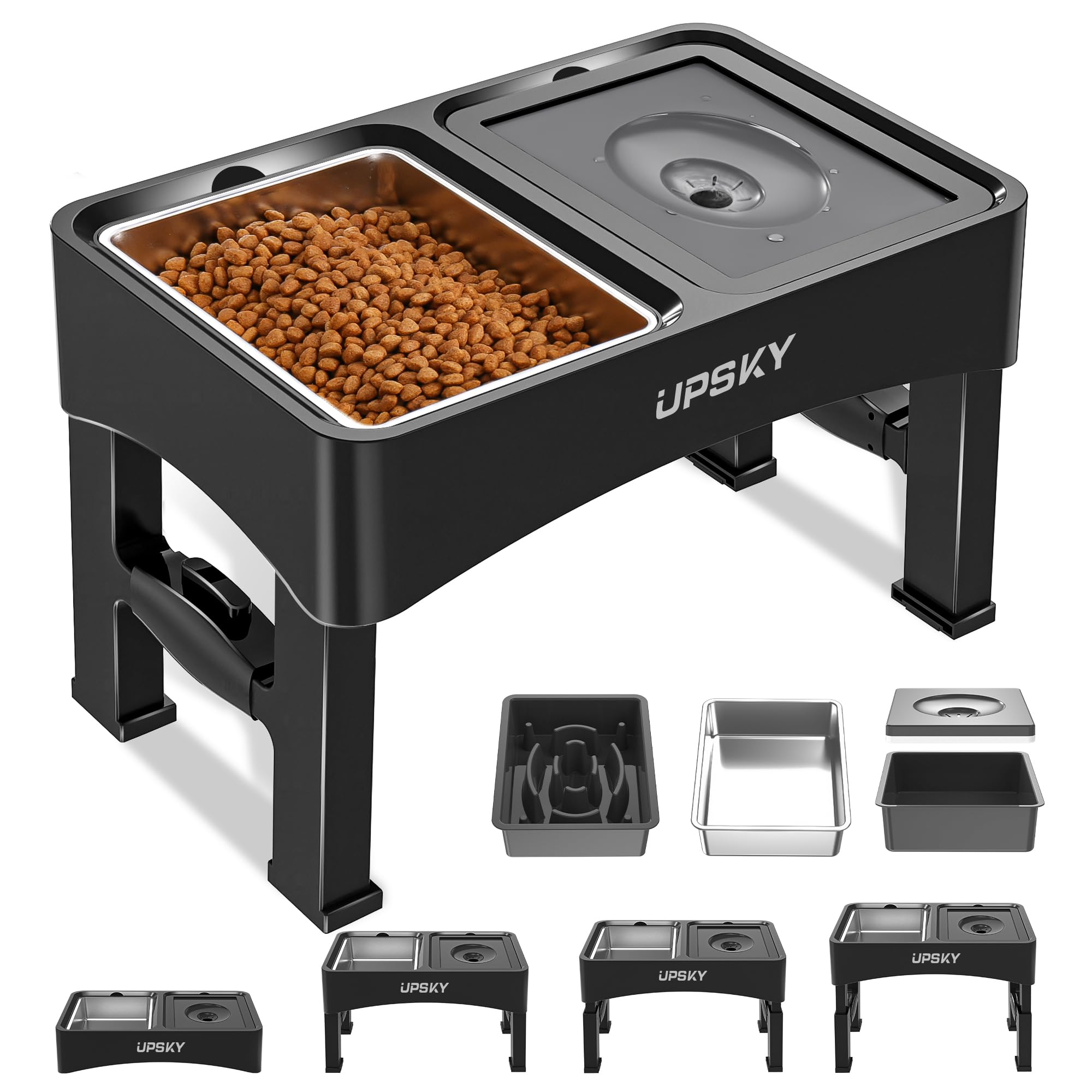 UPSKY 3-in-1 Elevated Dog Bowls with Slow Feeder & No-Spill Stand - Adjustable Height Stainless Steel Pet Food Bowls for Small & Medium Dogs - Perfect for Mealtime, Training, and Travel Use