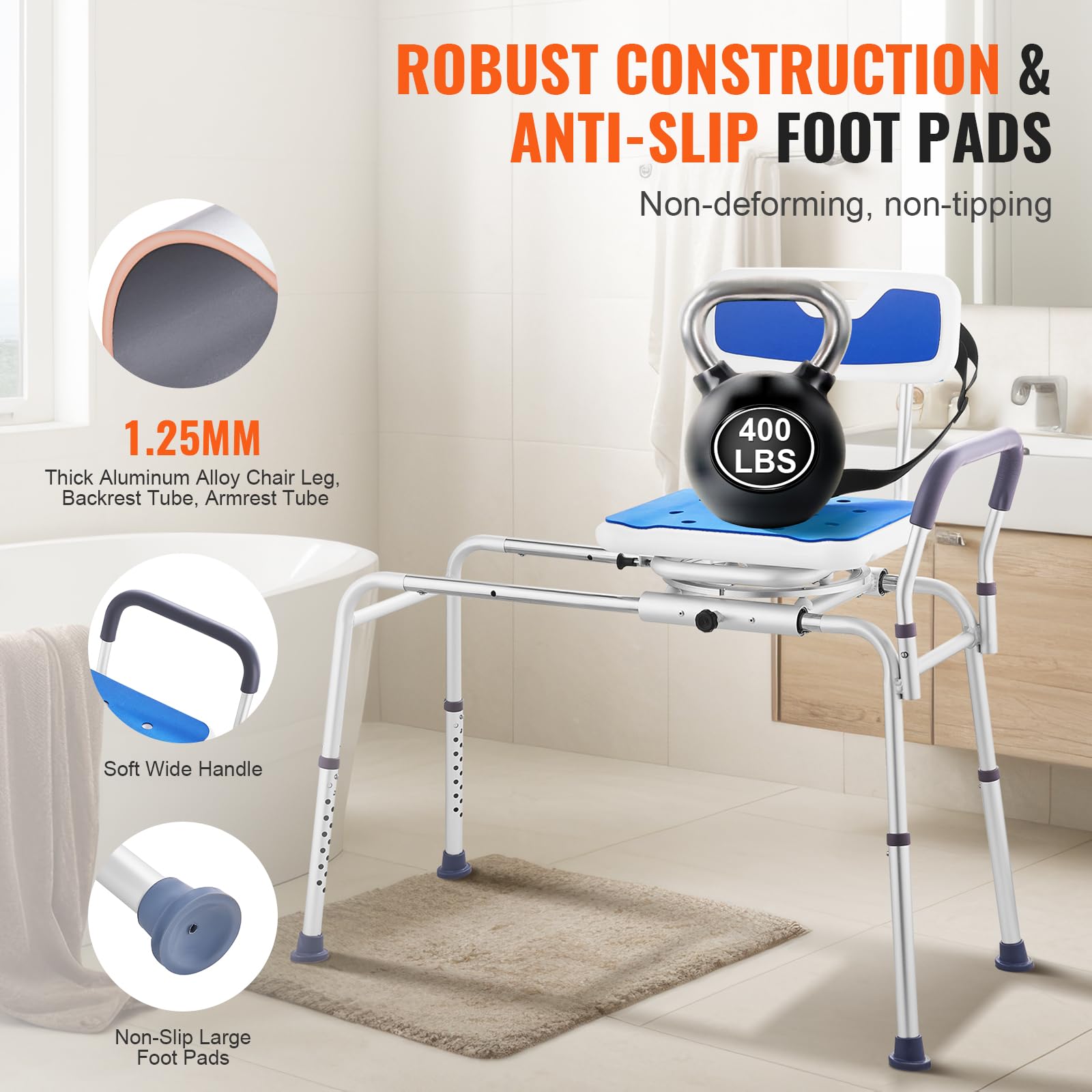 VEVOR 360° Swivel Sliding Tub Transfer Bench - Adjustable Height Bathtub Shower Chair with Armrests & Safety Belt - Non-Slip Rotating Seat for Elderly & Disabled - 400 lbs Weight Capacity - Ideal for Safe Bathing & Mobility Assistance