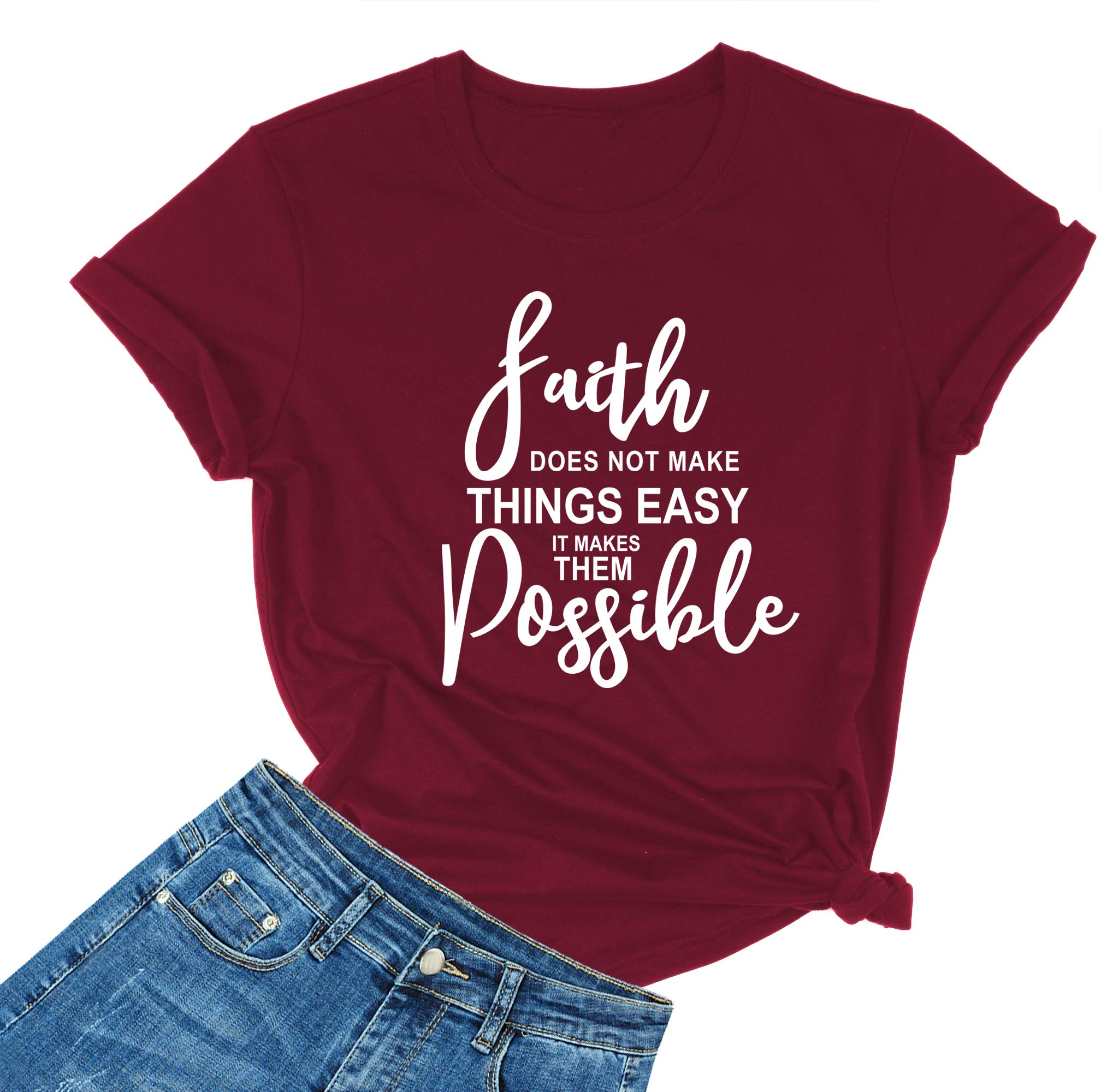 MIMOORN Women's Faith Letter Print O-Neck Short Sleeve Graphic T-Shirt - Casual Church Outfit, Bible Study Tee, Christian Apparel for Everyday Wear
