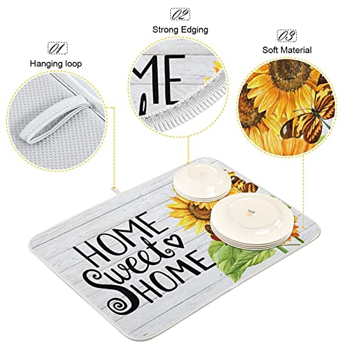 **White Sunflower Dish Drying Mat - Absorbent Microfiber Kitchen Counter Drainer Pad - Heat Resistant & Reversible with Hanging Loop (16x18 Inch) - Perfect for Drying Dishes, Utensils & Cookware**