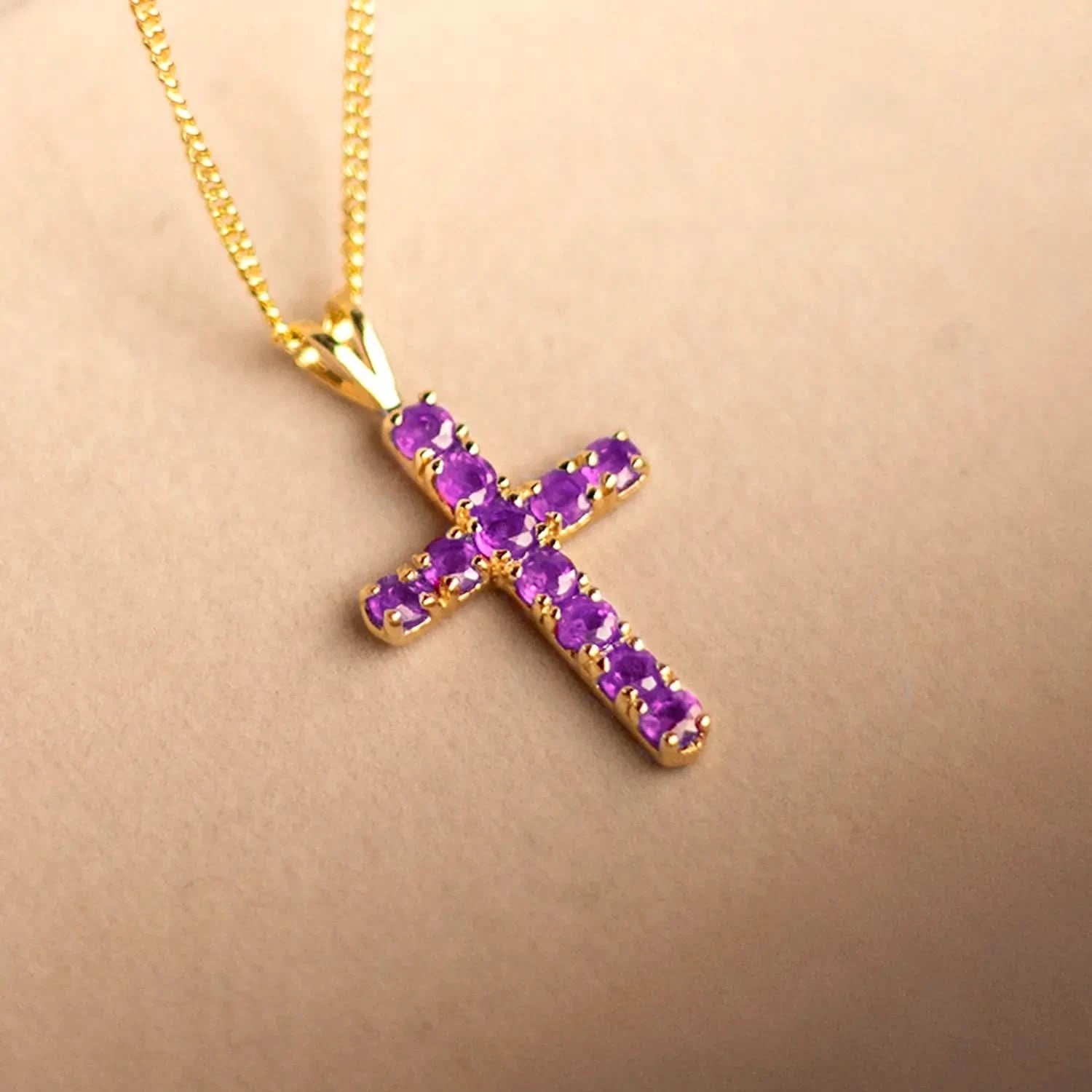 Solid Gold Amethyst Cross Necklace for Women - Elegant Purple Gemstone Jewelry for Church, Weddings & Everyday Wear