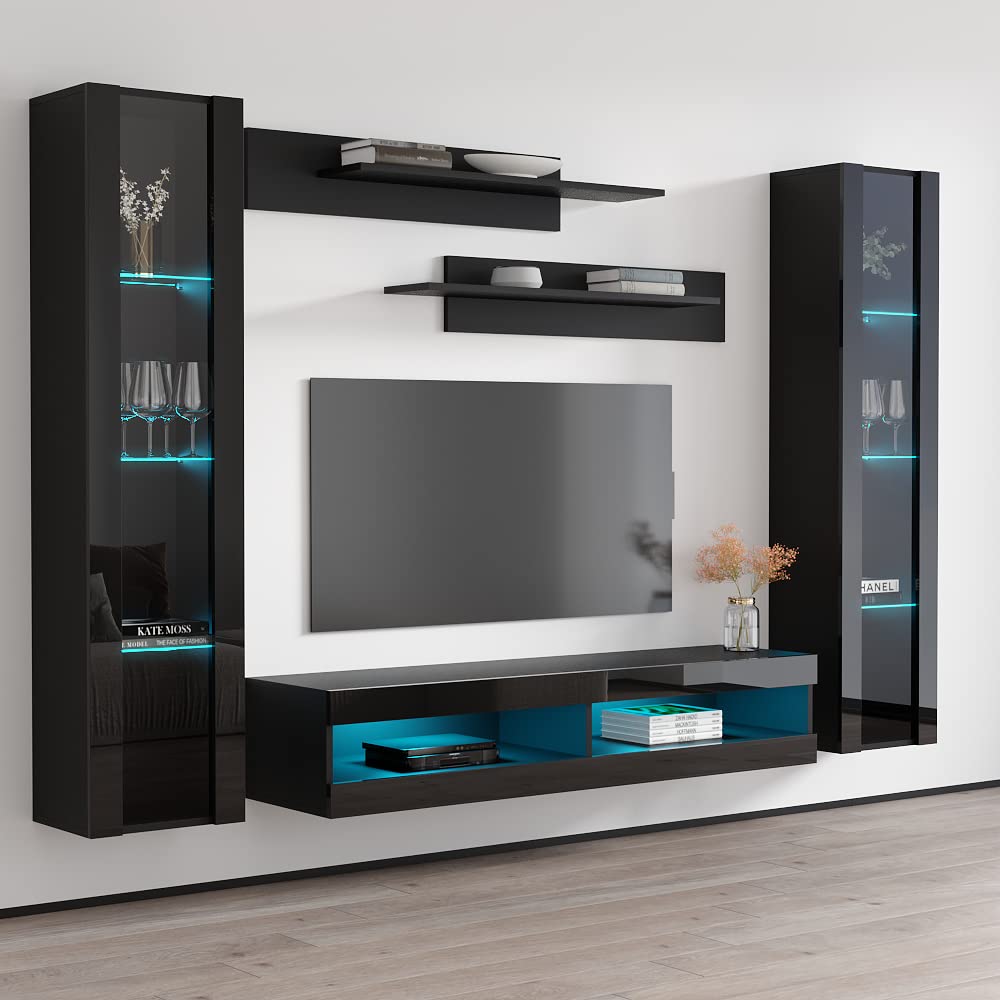 Modern Floating TV Stand with Storage & LED Lights - Wall-Mounted Entertainment Center Console for Bedroom & Living Room - Space-Saving TV Cabinet with Shelves - Black - Perfect for Small Spaces & Home Theater Setup