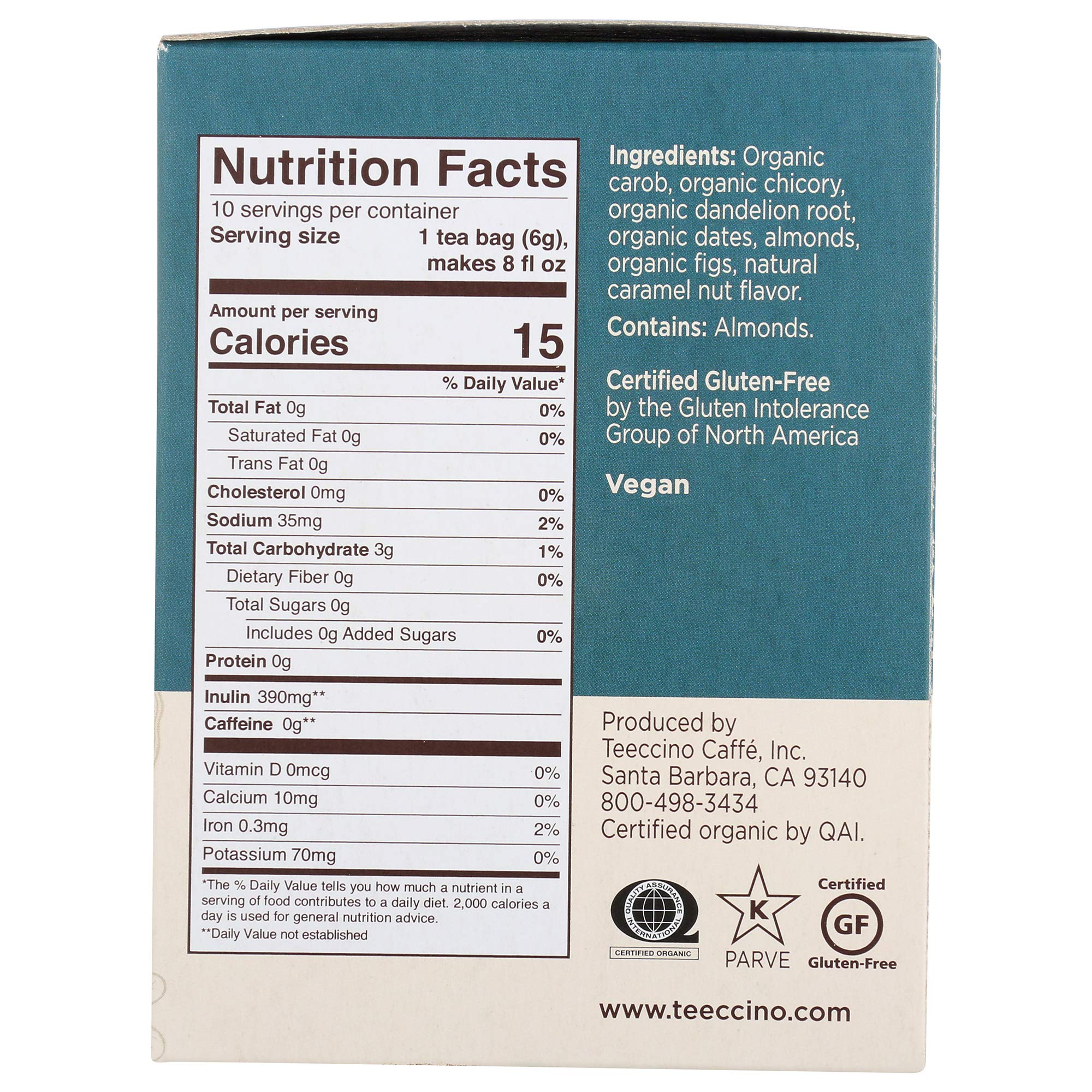 Teeccino Dandelion Caramel Nut Herbal Tea - Caffeine Free, Roasted Herbal Tea with Prebiotics, 3x More Herbs, Gluten Free - 10 Tea Bags - Perfect for Relaxation, After Dinner & Wellness Routines