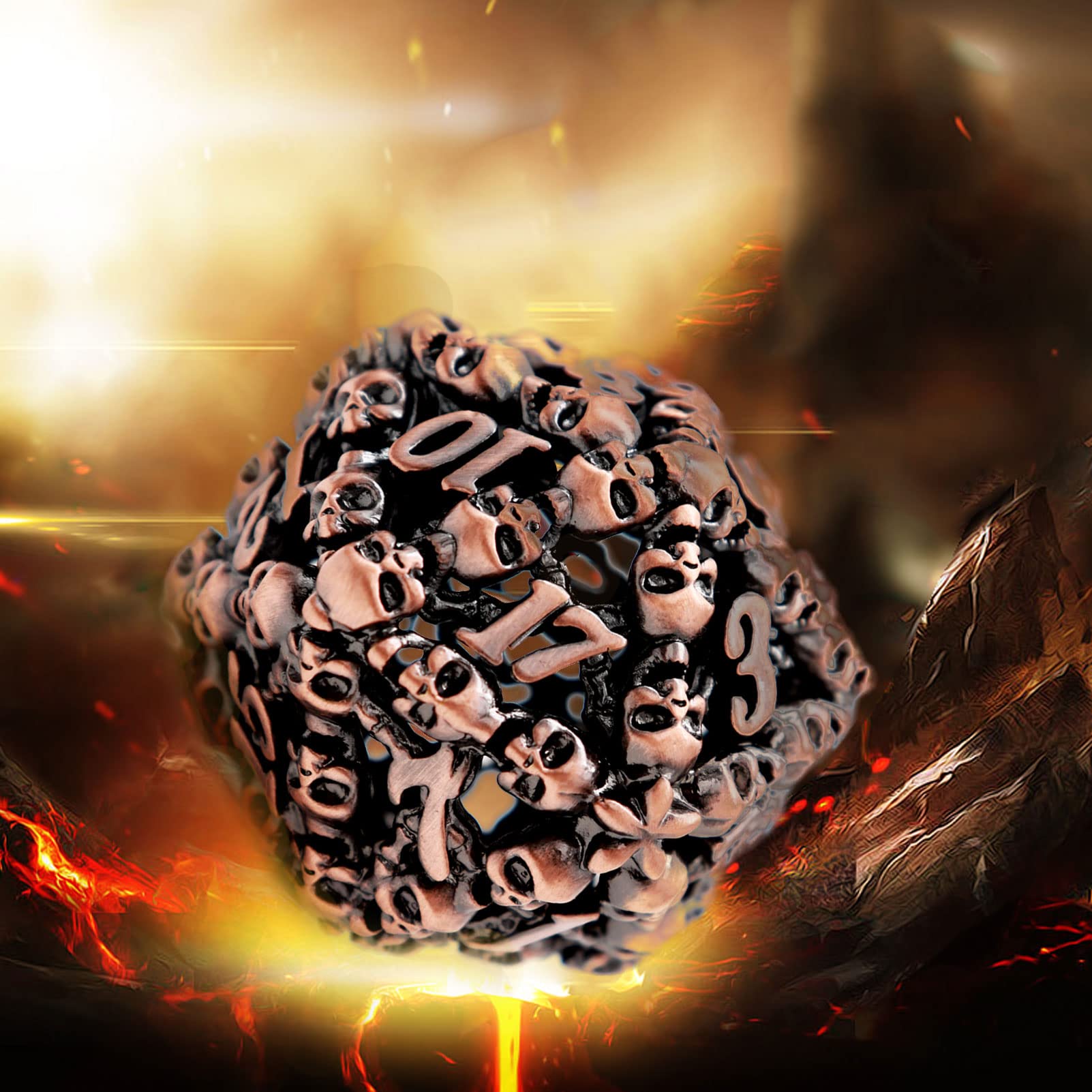 Haxtec 40mm Oversized Metal Hollow D20 Dice Set - Large Skull Design 20-Sided Polyhedral RPG Dice for DND, Dungeons & Dragons, Pathfinder - Includes PU Leather Dice Bag - Perfect for Tabletop Gaming, RPG Enthusiasts & Unique Gift (Antique Copper)