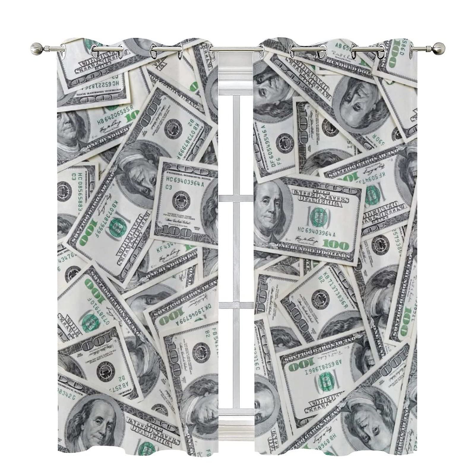 Blackout Window Curtains with Money Print - 100 Dollar Bill Design Thermal Insulated Darkening Curtains for Living Room, Bedroom & Kids Room Decor - 55x63 Inches - Perfect for Privacy, Light Blocking & Energy Savings