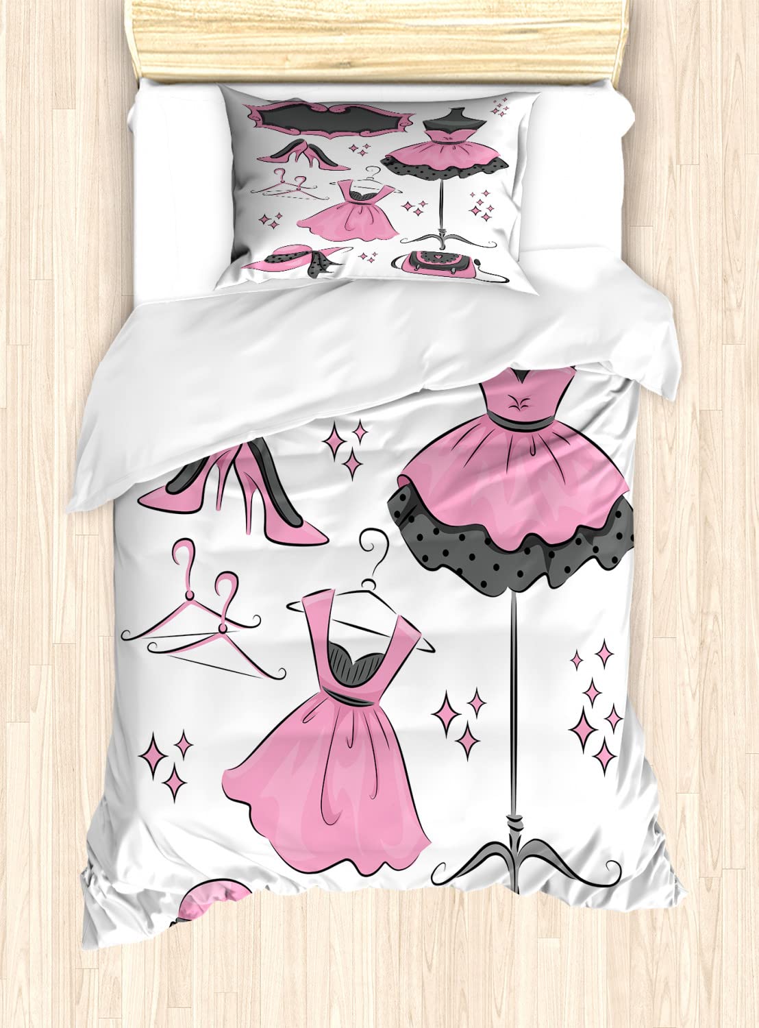 Ambesonne Boutique-Inspired Cartoon Dresses Duvet Cover Set - 2 Duvet Covers & 4 Pillowcases, Pale Pink White Grey, California King Size - Perfect for Girls' Bedrooms, Teen Rooms & Whimsical Home Decor