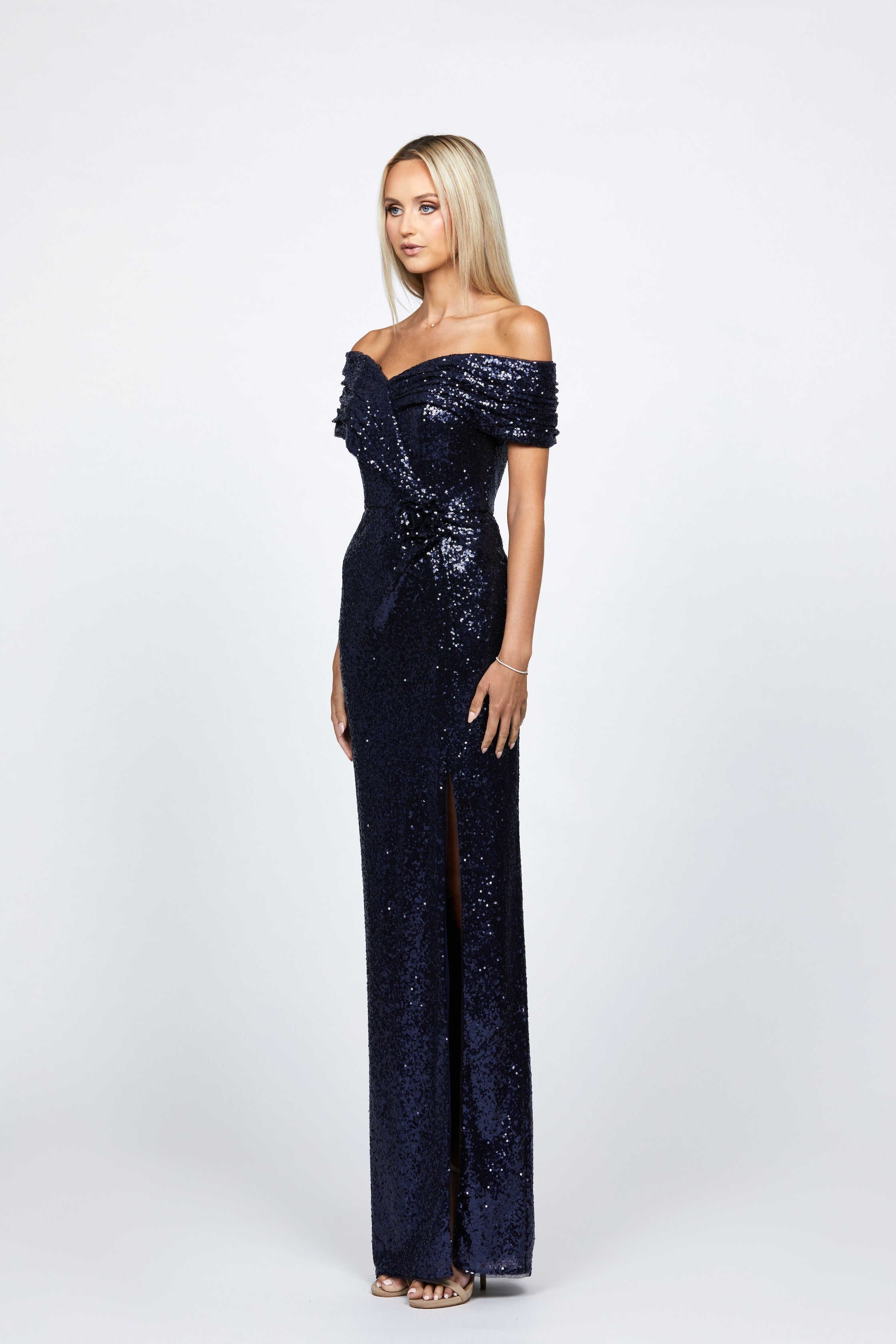 Evanie Elegant Draped Off Shoulder Sequin Evening Gown for Women - Perfect for Prom, Cocktail Party, and Formal Events