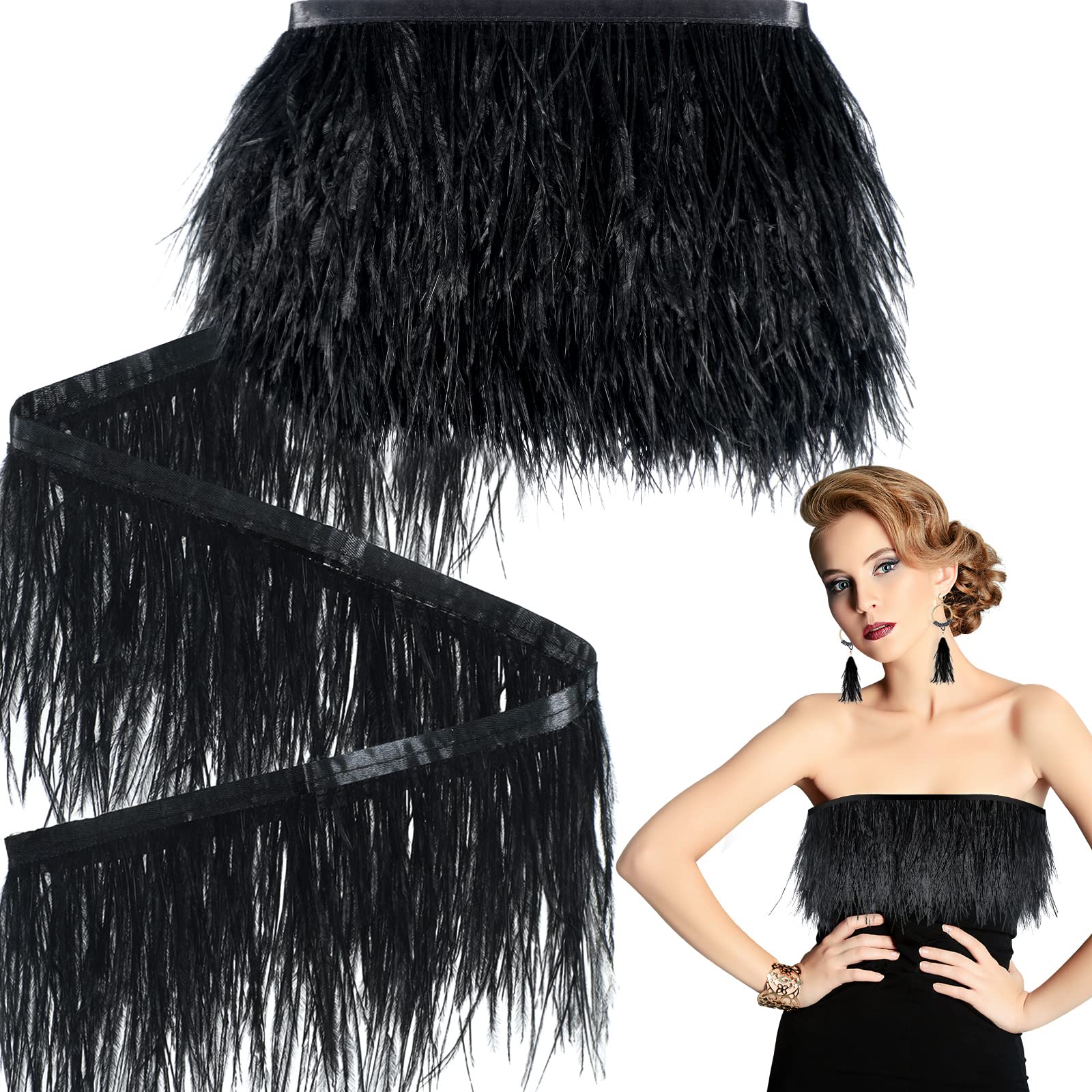 Premium 10 Yards Black Ostrich Feather Trim with Satin Ribbon - 3.2-4 Inch DIY Sewing Fringe for Dresses, Costumes & Home Decor | Perfect for Evening Gowns, Mardi Gras Outfits, and Wedding Decorations