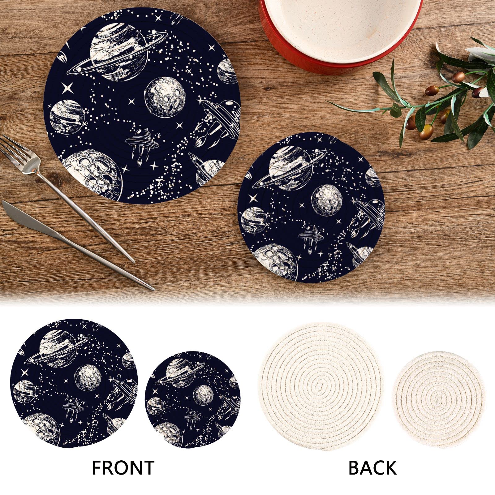 Cosmic Planets & Spaceships Kitchen Pot Holders Set of 2 - Heat Resistant Cotton Round Potholders with Thread Weave Design - Perfect for Cooking, Baking & New Home Gifts