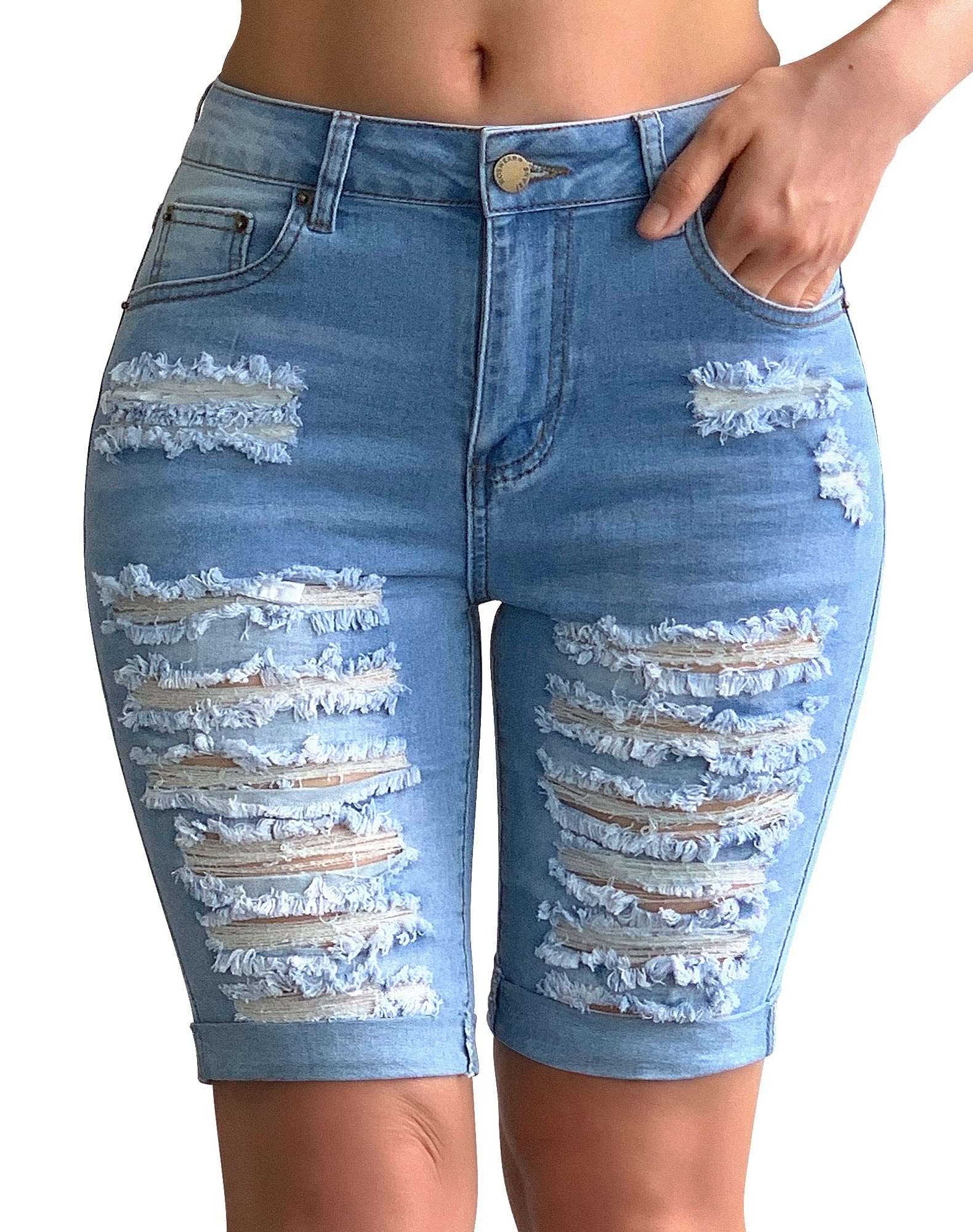 Roswear Women's Distressed Ripped Stretchy Denim Shorts - Knee Length High Waist Jean Shorts for Summer, Casual Outfits & Beach Wear