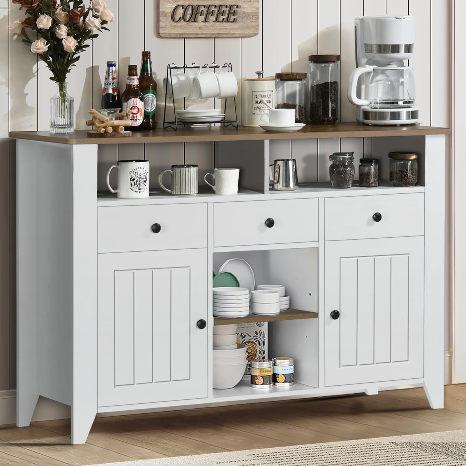 Farmhouse Coffee Bar Cabinet with Storage - 47 Inch White Buffet Cabinet with 3 Drawers, 2 Doors & Open Shelf - Kitchen Coffee Station for Living Room, Dining Room - Perfect for Entertaining Guests & Organizing Coffee Essentials
