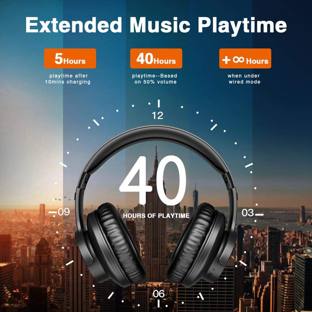 Foldable Bluetooth Headphones with Deep Bass, 3D Stereo & Noise Cancelling - Wireless Over-Ear Headset for Computer, Mobile Phone - Perfect for Travel, Work & Gaming (Black)