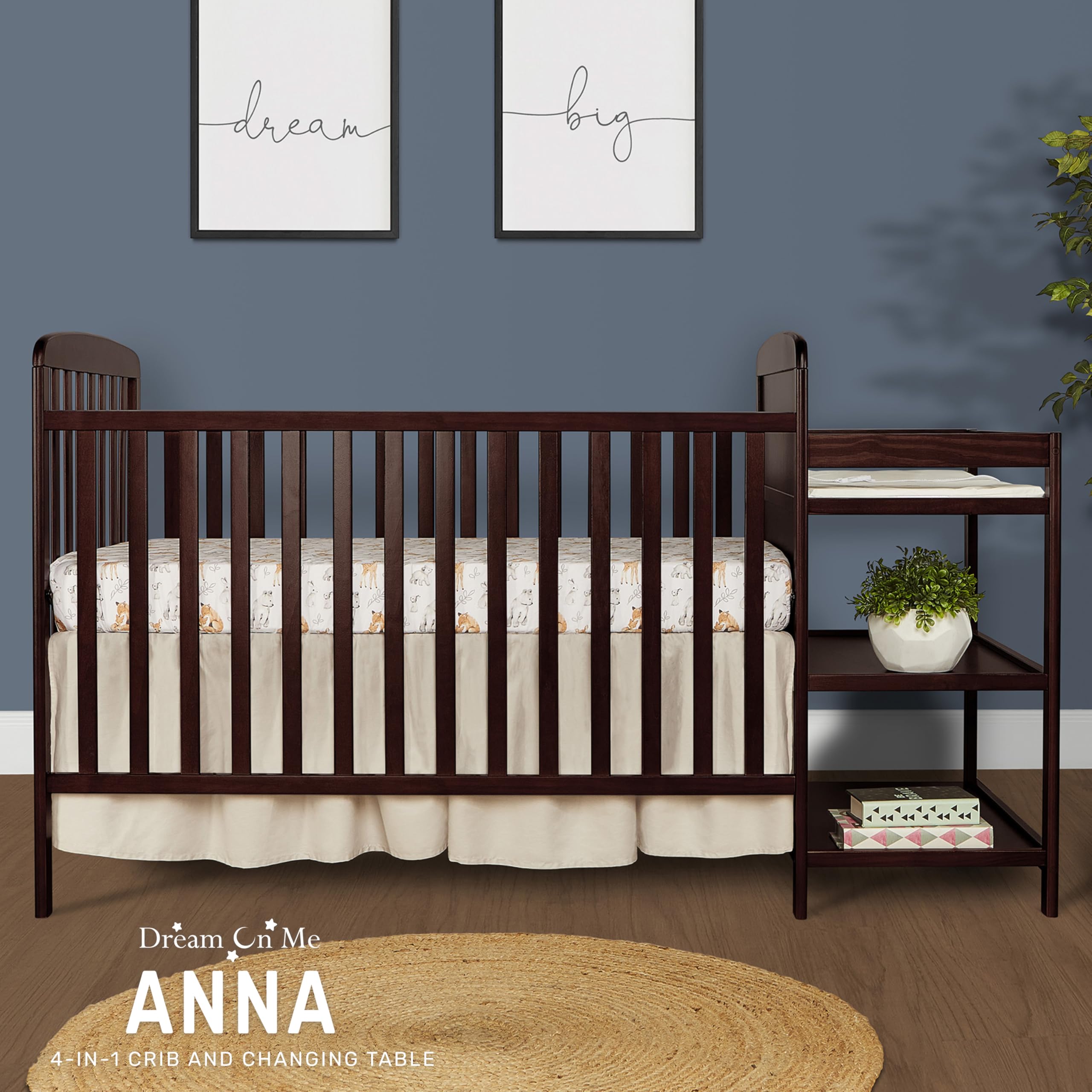 Dream On Me Anna 3-in-1 Convertible Crib with Changing Table - Espresso Finish, Greenguard Gold Certified, Non-Toxic Baby Nursery Furniture Set Includes 1