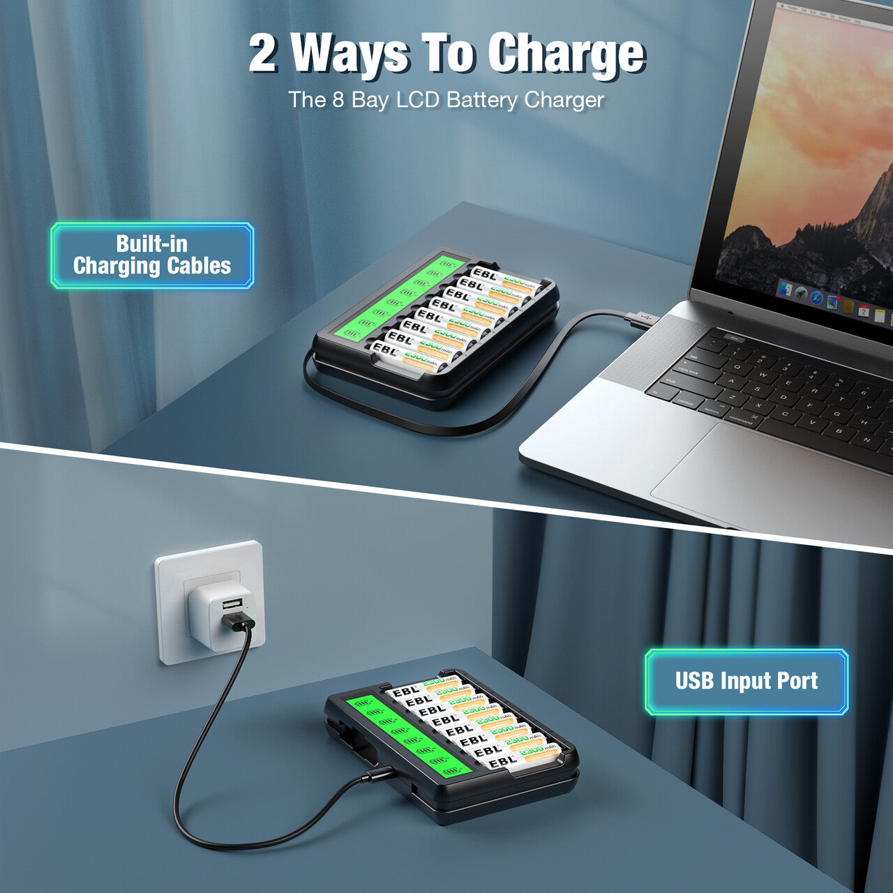 EBL 8 Bay LCD AA AAA Battery Charger with USB Built-in Cable - Fast Charging for Rechargeable Batteries, Universal Power Solution for Cameras, Toys, Flashlights & Electronics
