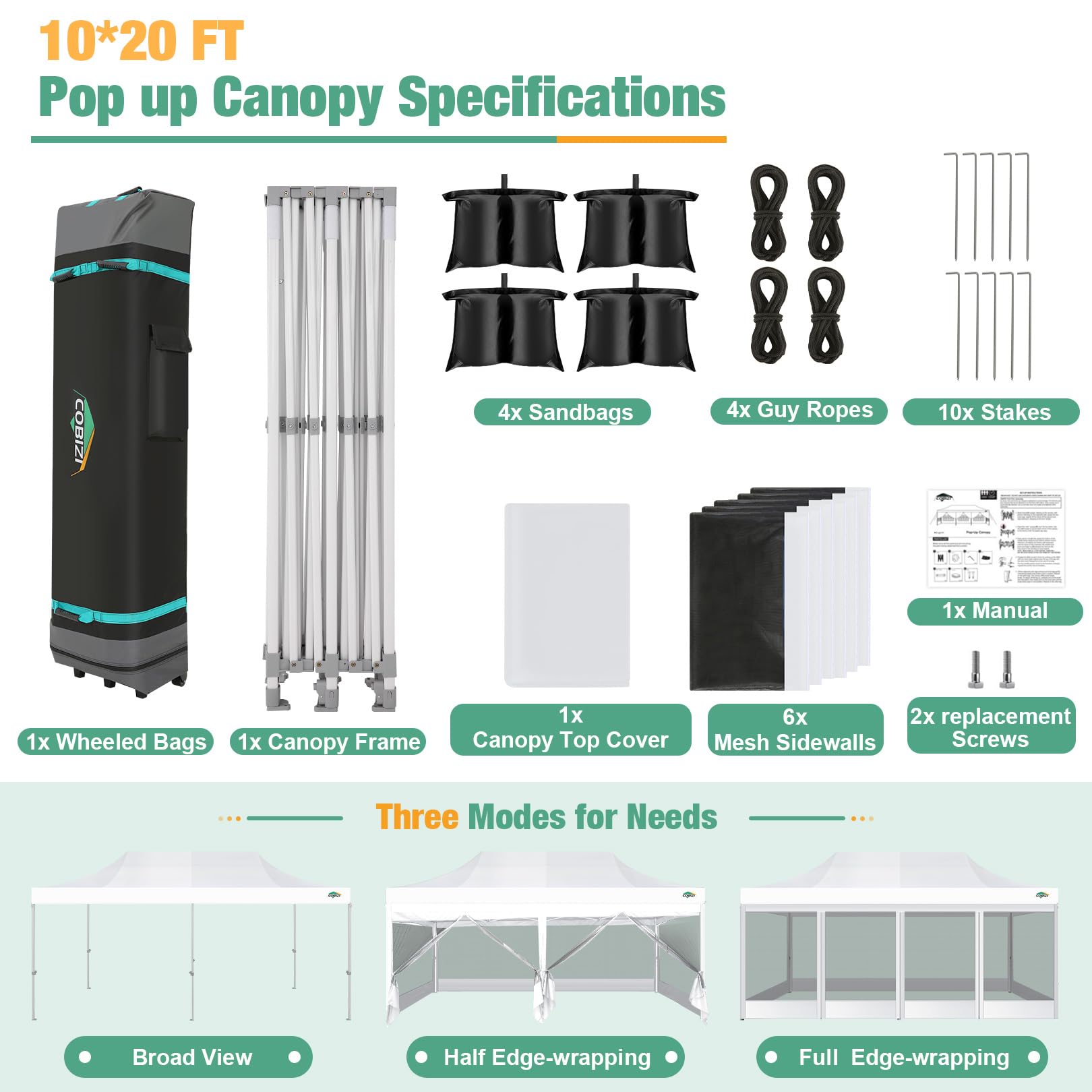 COBIZI 10x20 Heavy Duty Pop Up Canopy Tent with Waterproof Sidewalls & Mosquito Netting - Easy Setup Instant Shelter with Carry Bag for Outdoor Weddings, Parties, Camping & Backyard Events (White)