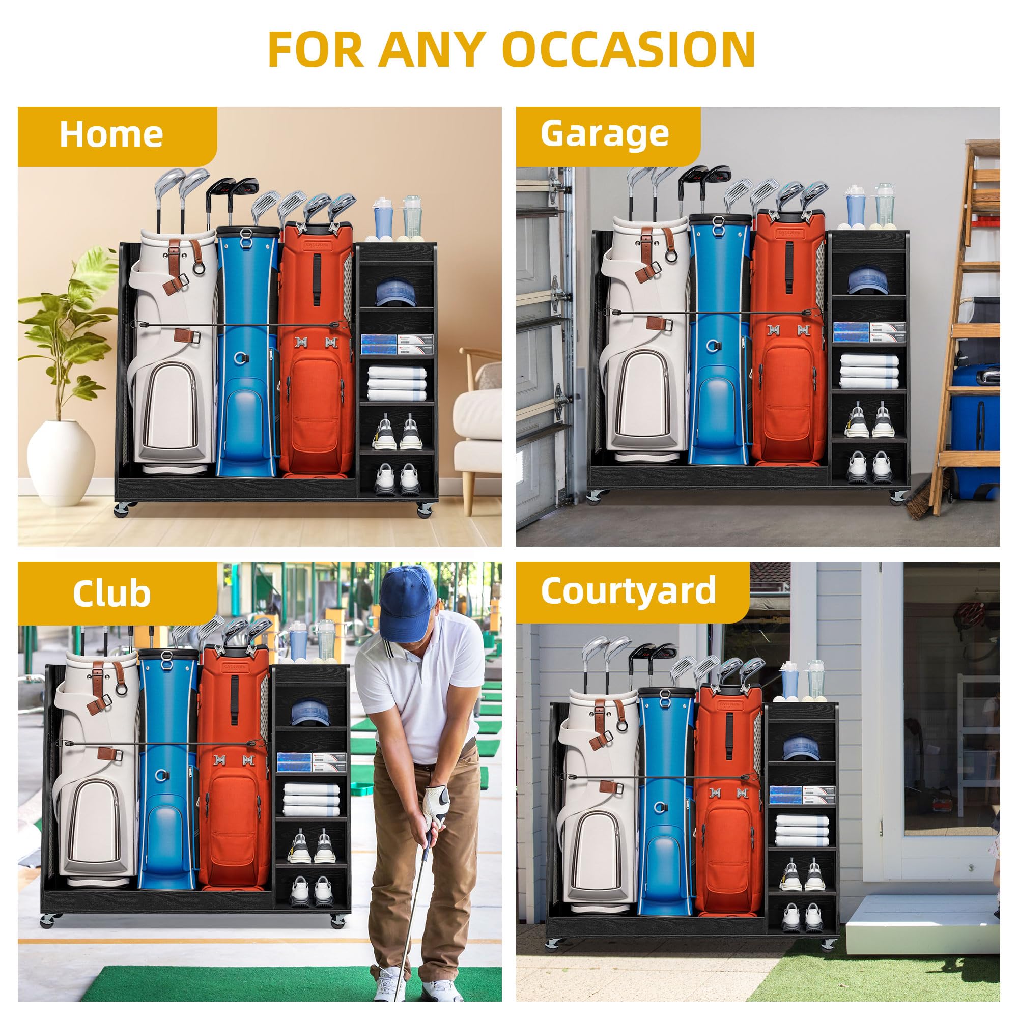 DWVO Wooden Golf Bag Stand Holder with Wheels - Garage Golf Storage Organizer for 2-3 Golf Bags, Clubs, Balls & Accessories | Space-Saving Golf Equipment Organizer for Home, Garage & Clubhouse Storage