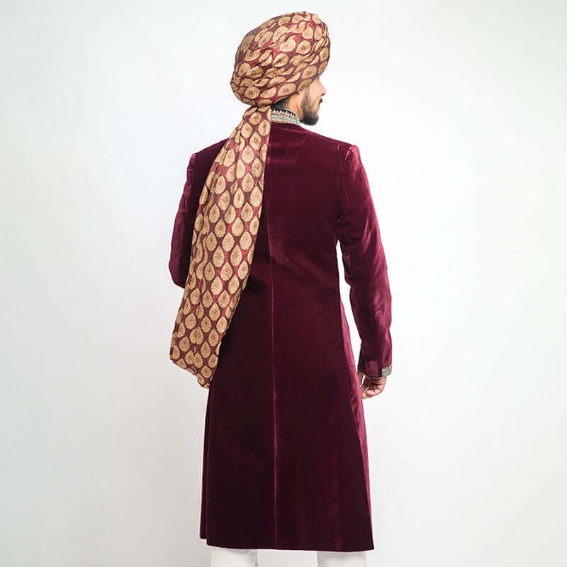 Deep Maroon Velvet Sherwani for Men - Slim Fit Indian Wedding Suit | Perfect for Groom Outfit, Festive Occasions & Cultural Events