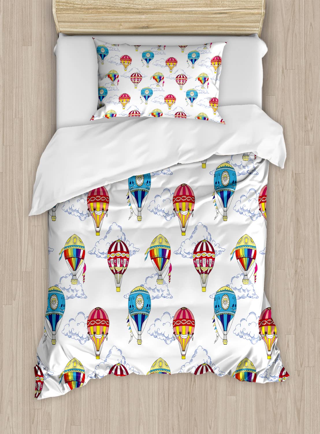 Ambesonne Colorful Duvet Cover Set - Hand Drawn Clouds & Hot Air Balloons Design - 2 King Size Duvet Covers & 4 Pillowcases - Playroom & Kids Bedroom Decor - Soft & Breathable Bedding Set for Boys & Girls - Multicolor