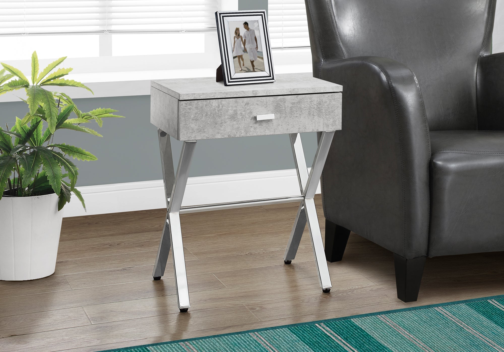 Modern Accent Table - 24 Inch Round Side Table in Grey Cement Finish with Chrome Metal Legs - Perfect for Living Room, Bedroom, or Office Decor