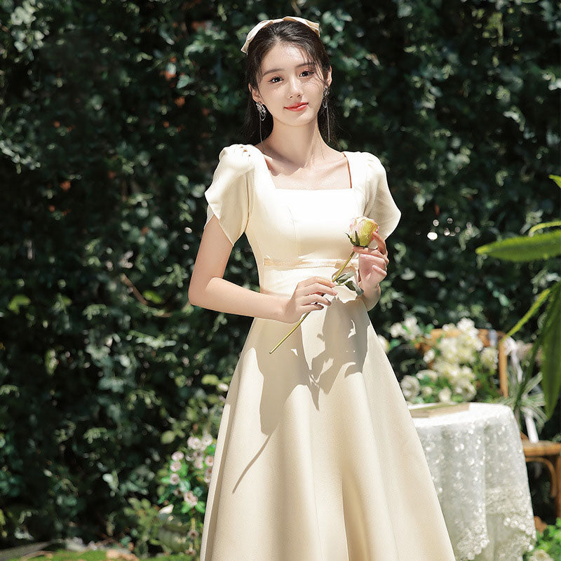 Elegant Champagne Satin Bridesmaid Dress - Long Formal Evening Gown for Weddings, Prom & Special Occasions | Plus Size Options Available