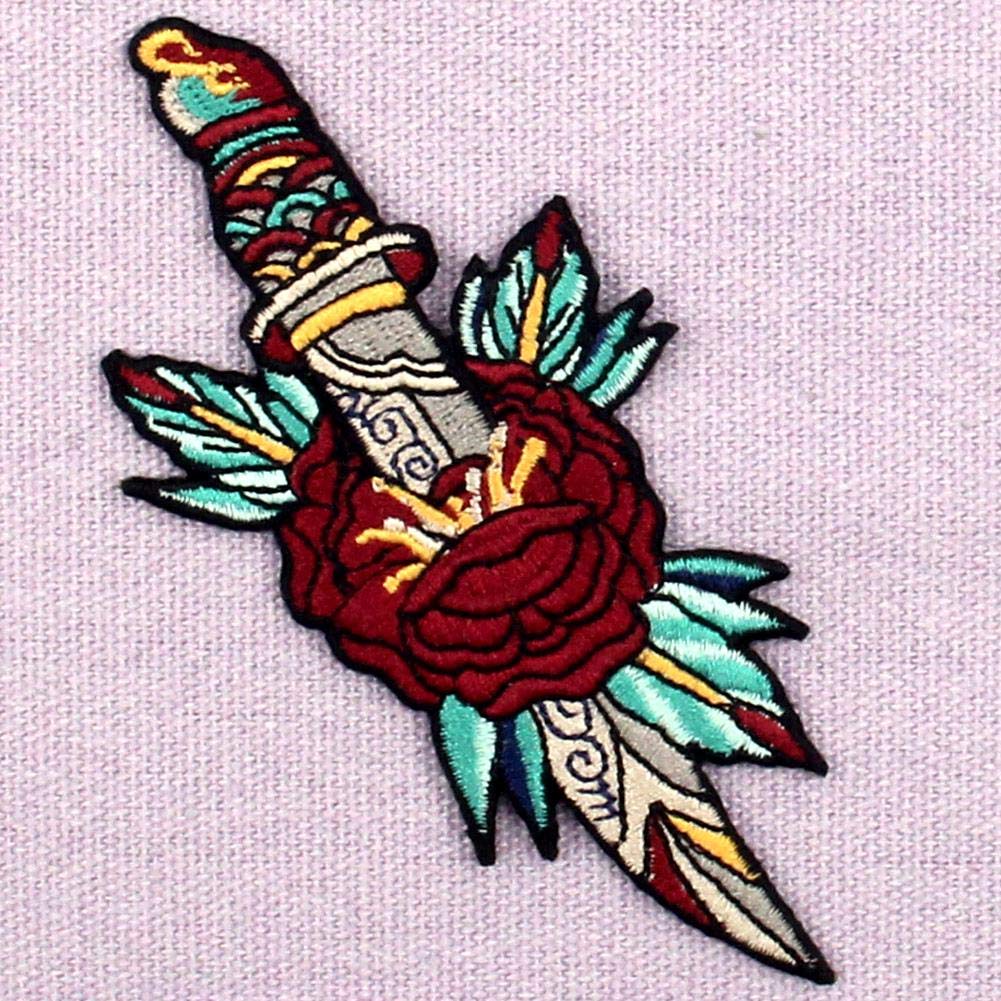Flower and Dagger Embroidered Patch - Iron On & Sew On Applique Badge for Jackets, Hats, Bags - Gothic Punk Rock Fashion Accessories