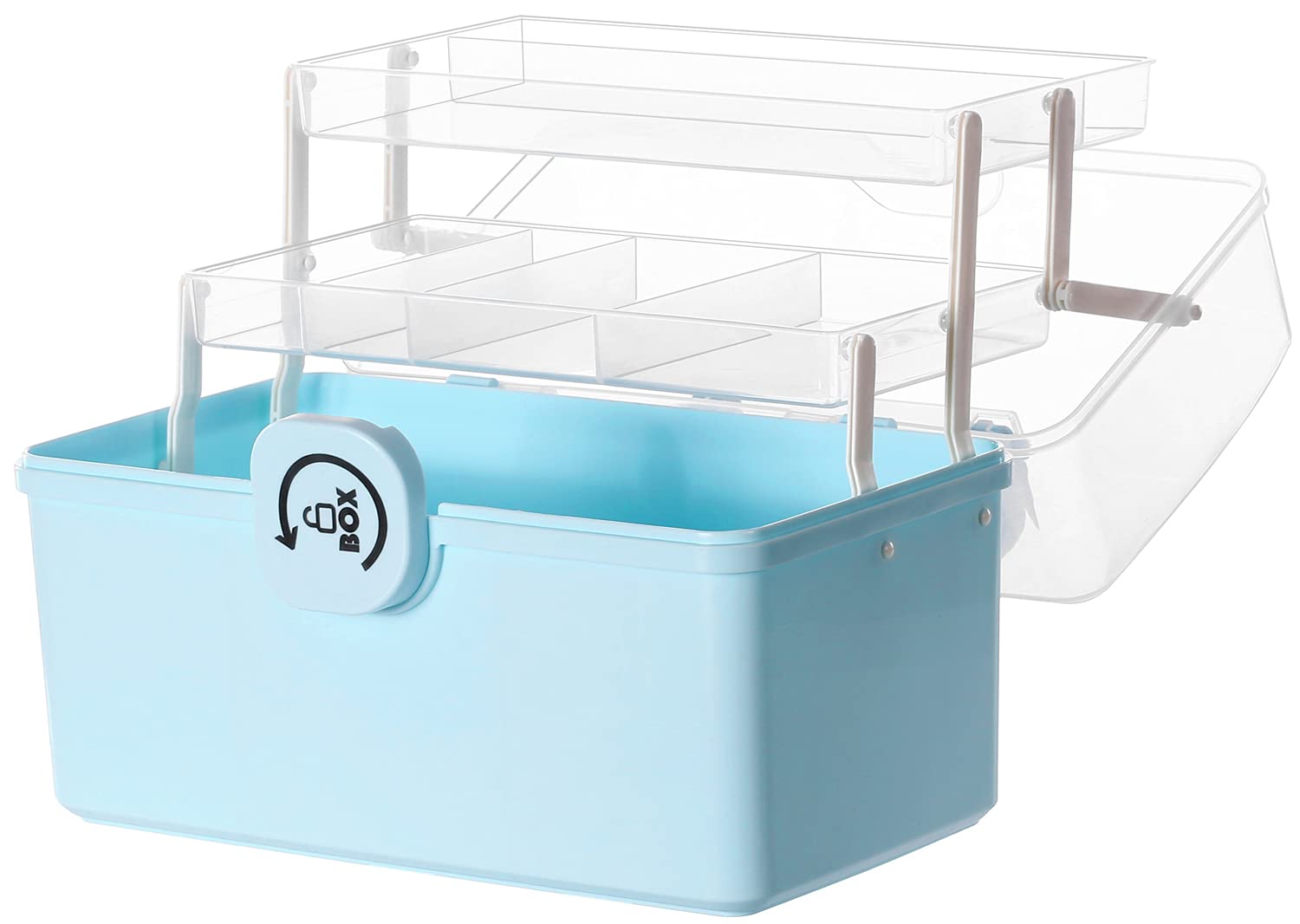 Sooyee 3-Tier Foldable Plastic Storage Box with Handle - Portable Lockable Craft Organizer for Arts, Crafts, Cosmetics, Sewing, Toys, Washi Tape & Lego - 13.4x7.5x8.9 Inches (Clear/Blue) - Perfect for Home, Office & Travel Organization