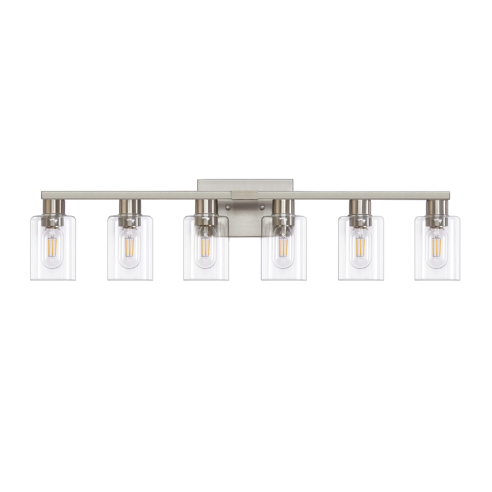 6-Light Brushed Nickel Bathroom Vanity Light Fixture - Modern Wall Sconce with Clear Glass Shade for Mirror Lighting - Perfect for Master Bath, Powder Room & Spa-Style Decor