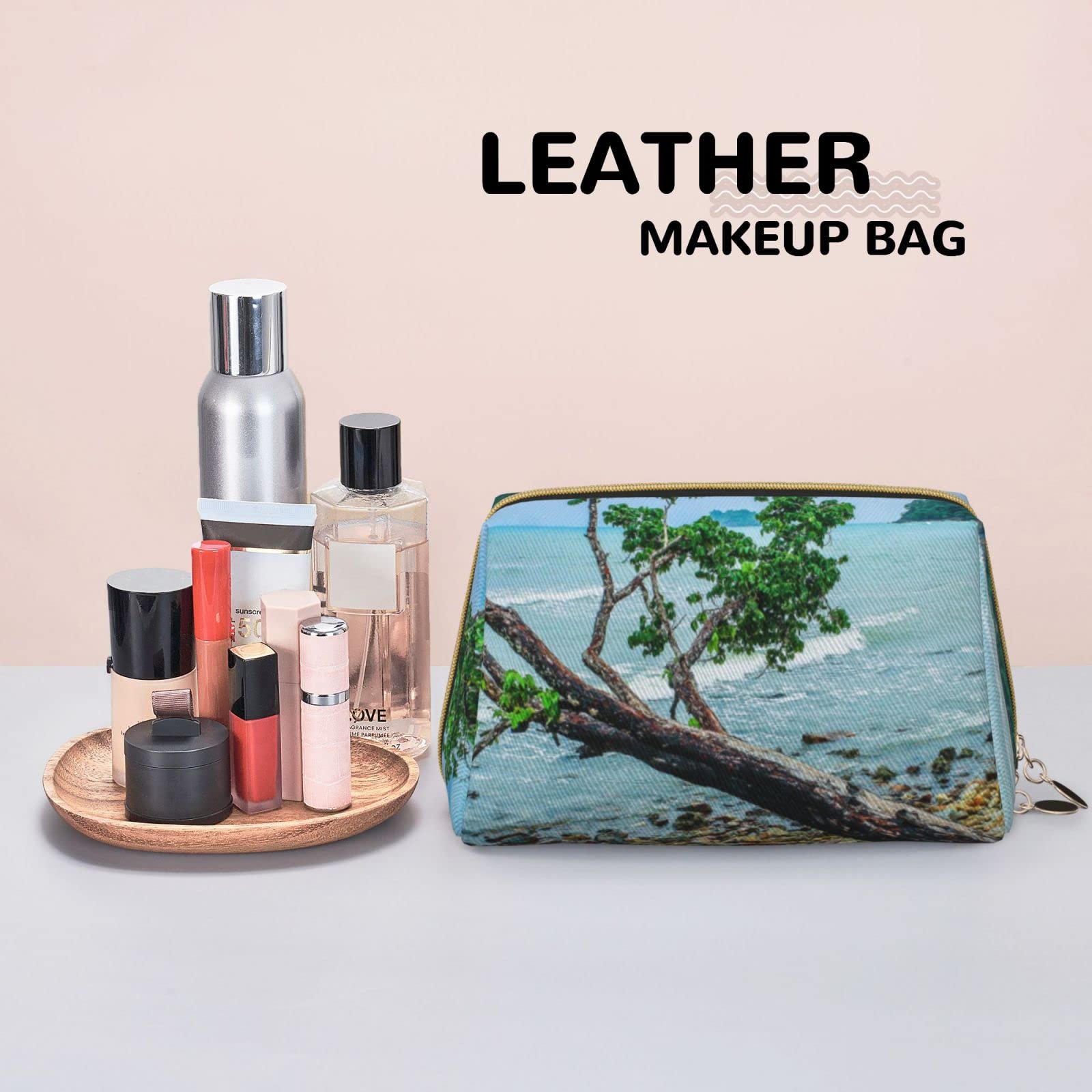 Waterproof Leather Makeup Bag for Women - Large Capacity Travel Cosmetic Organizer | Portable Makeup Pouch for Beach, Vacation & Daily Use | Crooked Tree by The Sea Collection