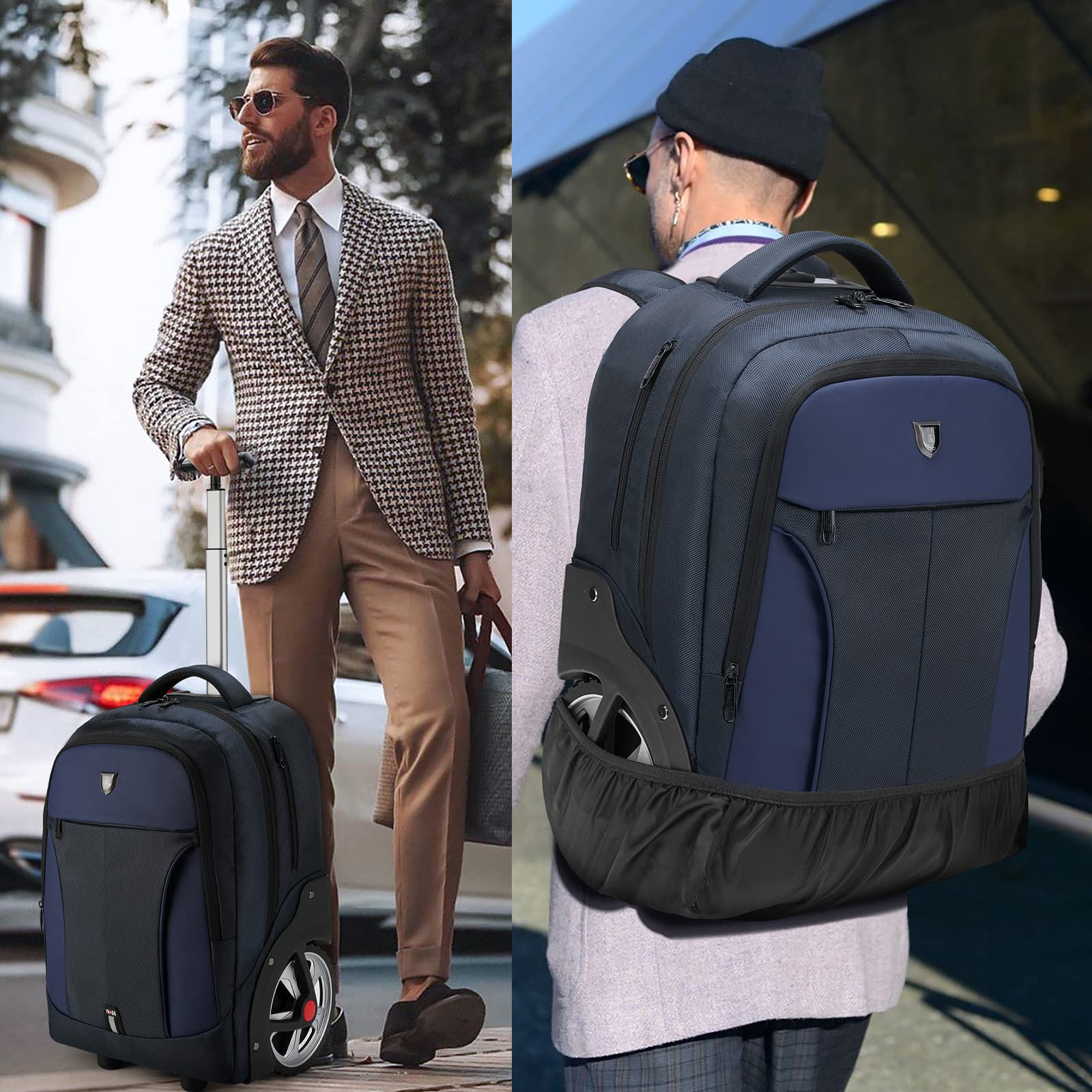 Waterproof Rolling Backpack with Wheels for Business Travel & Commuting - 20 Inch Wheeled Carry On Backpack with Laptop Compartment Fits 15.6 Inch Laptop - Durable Backpack for Adults, Women & Men (Blue) - Perfect for Air Travel, Daily Commute & Office Use