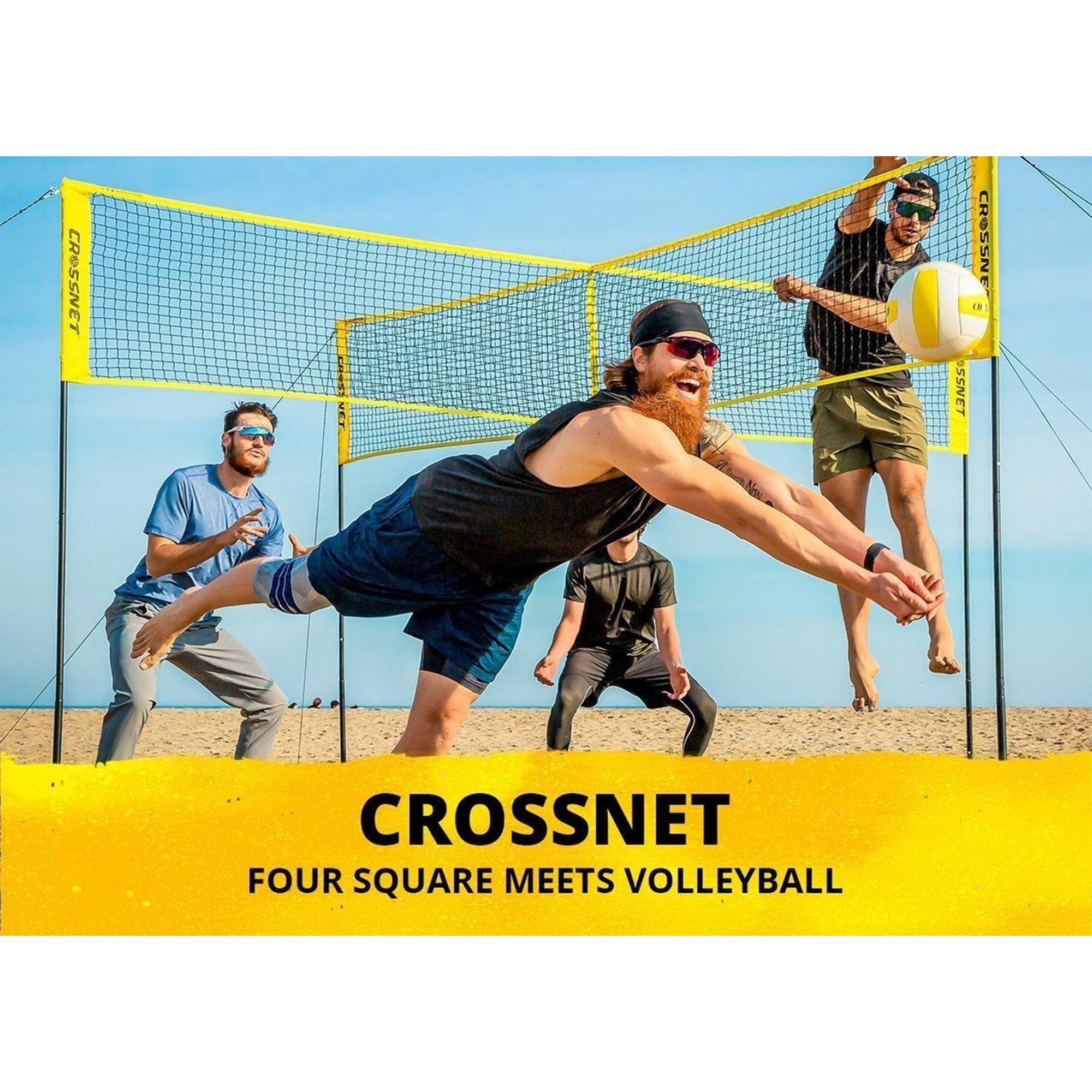 Crossnet Quick Assemble 4 Square Volleyball Game Set with Net, Backpack & Ball - Outdoor Sports Equipment for Adults & Kids - Perfect for Beach, Backyard, Park and Family Gatherings
