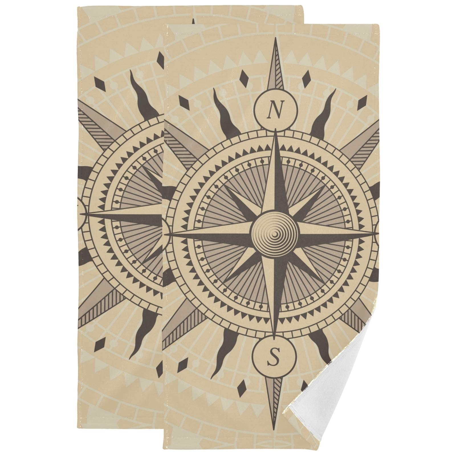 Sinestour 2 Pack Cotton Face & Hand Towels - 28x14 Inch Ultra Soft Absorbent Bath Towels with Antique Compass Design for Guest Bathroom, Hair Drying & Spa Use