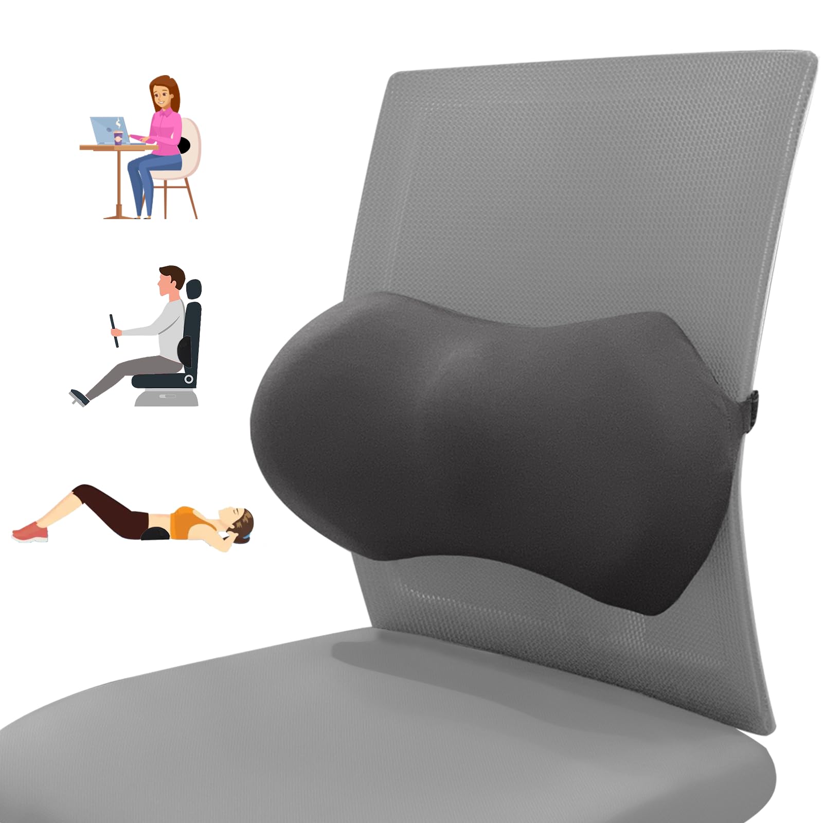 Ergonomic Memory Foam Lumbar Support Pillow for Car Seat, Office Chair & Recliner - Lower Back Pain Relief Cushion for Driving, Working & Relaxing at Home or Office