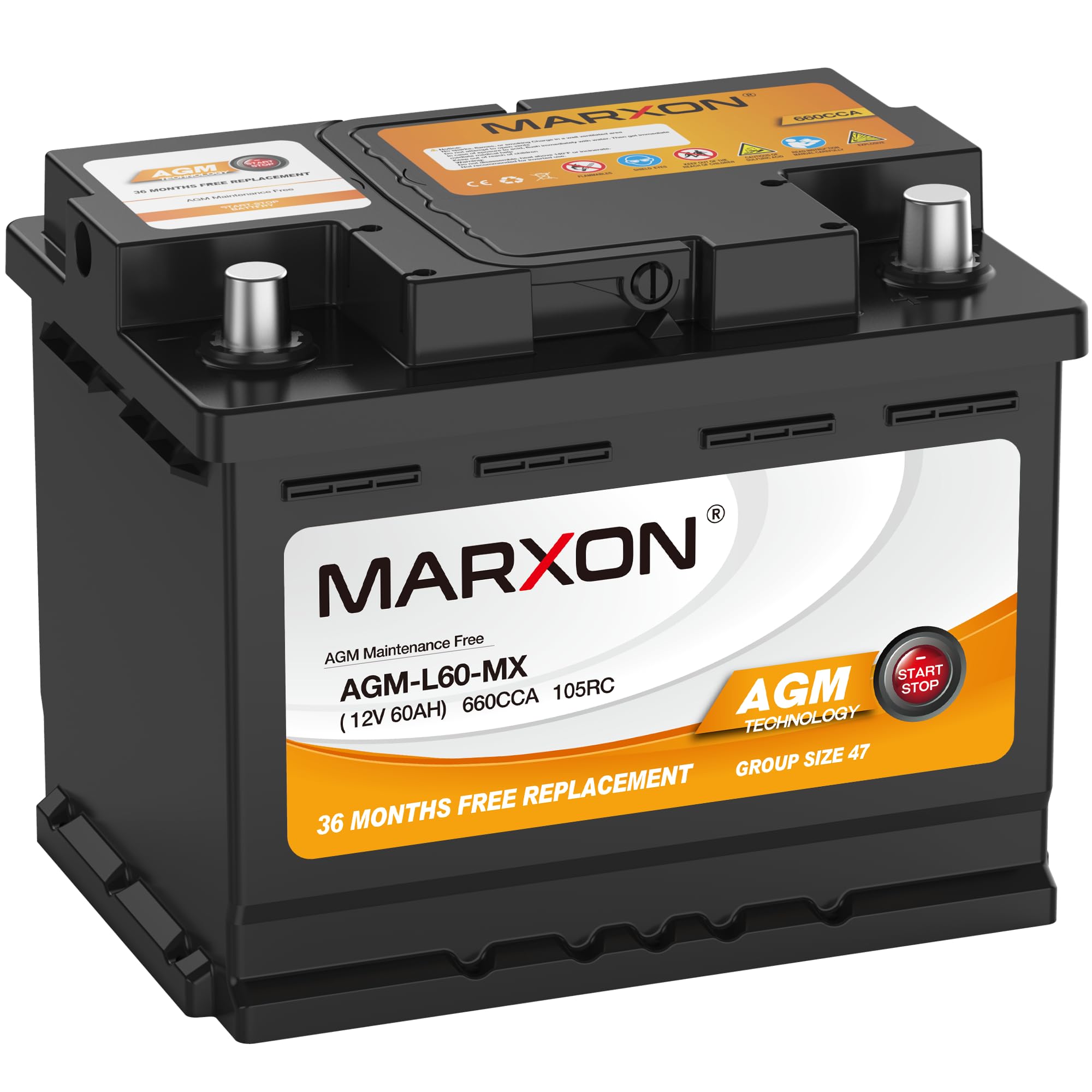 MARXON Group 47 H5 L2 AGM Battery 12V 60AH 660CCA - Maintenance Free Start-Stop Car Battery - BCI47 Replacement for Automotive Vehicles - Perfect for Stop-Start Technology Cars, SUVs and Trucks