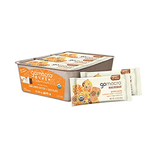 GoMacro MacroBar Organic Vegan Protein Bars - Sunflower Butter & Chocolate (2.3oz, 12 Pack) | Healthy Snack for Hiking, Workouts & On-the-Go Nutrition