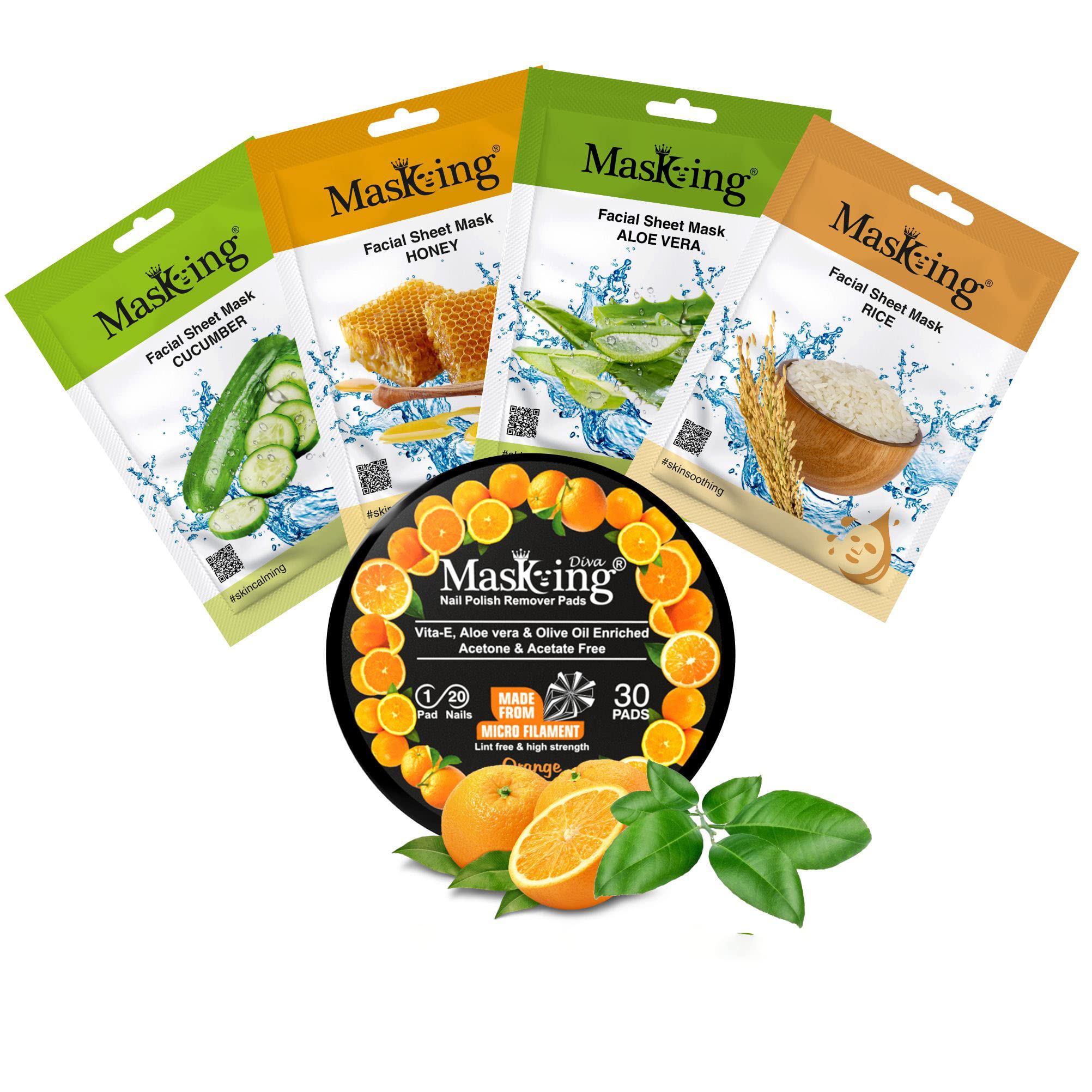 Premium Cucumber Honey Aloe Vera Rice Facial Sheet Mask Set - 4 Pack Hydrating Skincare for Women & Men | Quick Dry Nail Polish Remover Pads - 30 Count | Perfect for Spa Day, Self Care & Travel