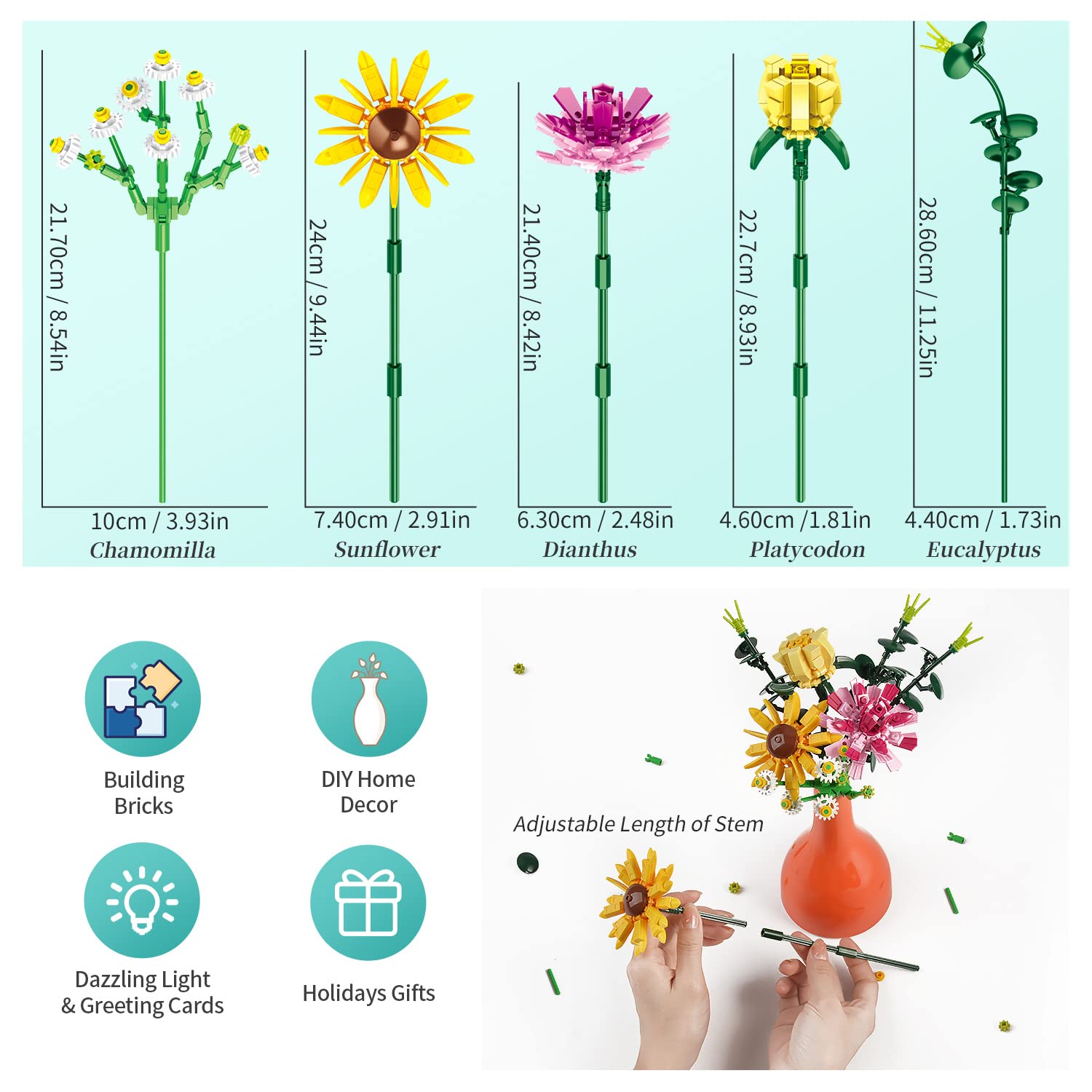 Sunflower Building Blocks Set - 439 Pieces Creative DIY Flower Bouquet Kit for Women, Girls, Adults & Kids Ages 6-12 | Valentine's Day, Christmas Gift Idea | Home Decor, STEM Toy & Stress Relief Activity | Perfect for Birthday Presents, Mother's Day & Office Desk Decoration