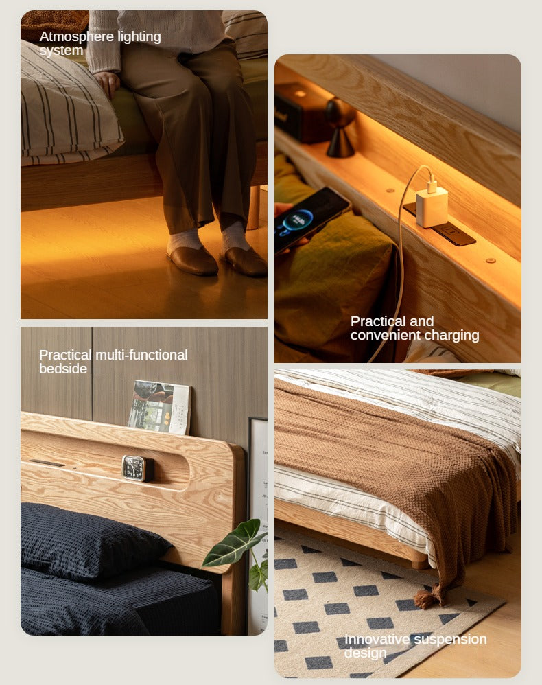 Solid Oak Wood Suspension Luminous Bed - Modern Floating Platform Bed with LED Lighting for Bedroom, Guest Room, or Dorm