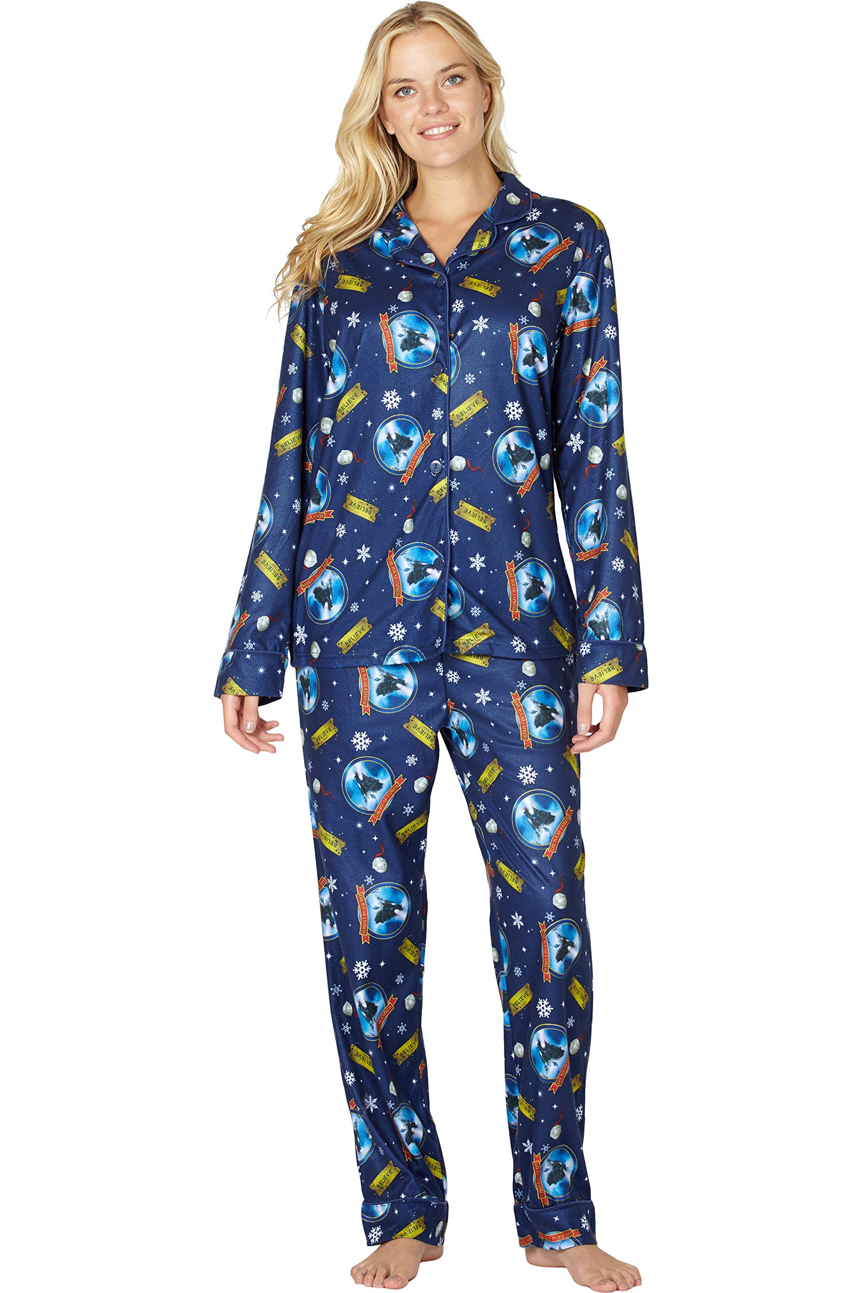 Polar Express The Adult Believe Button-Front Coat Shirt and Pants Pajama Set - Cozy Christmas Pajamas for Holiday Movie Nights & Family Gatherings