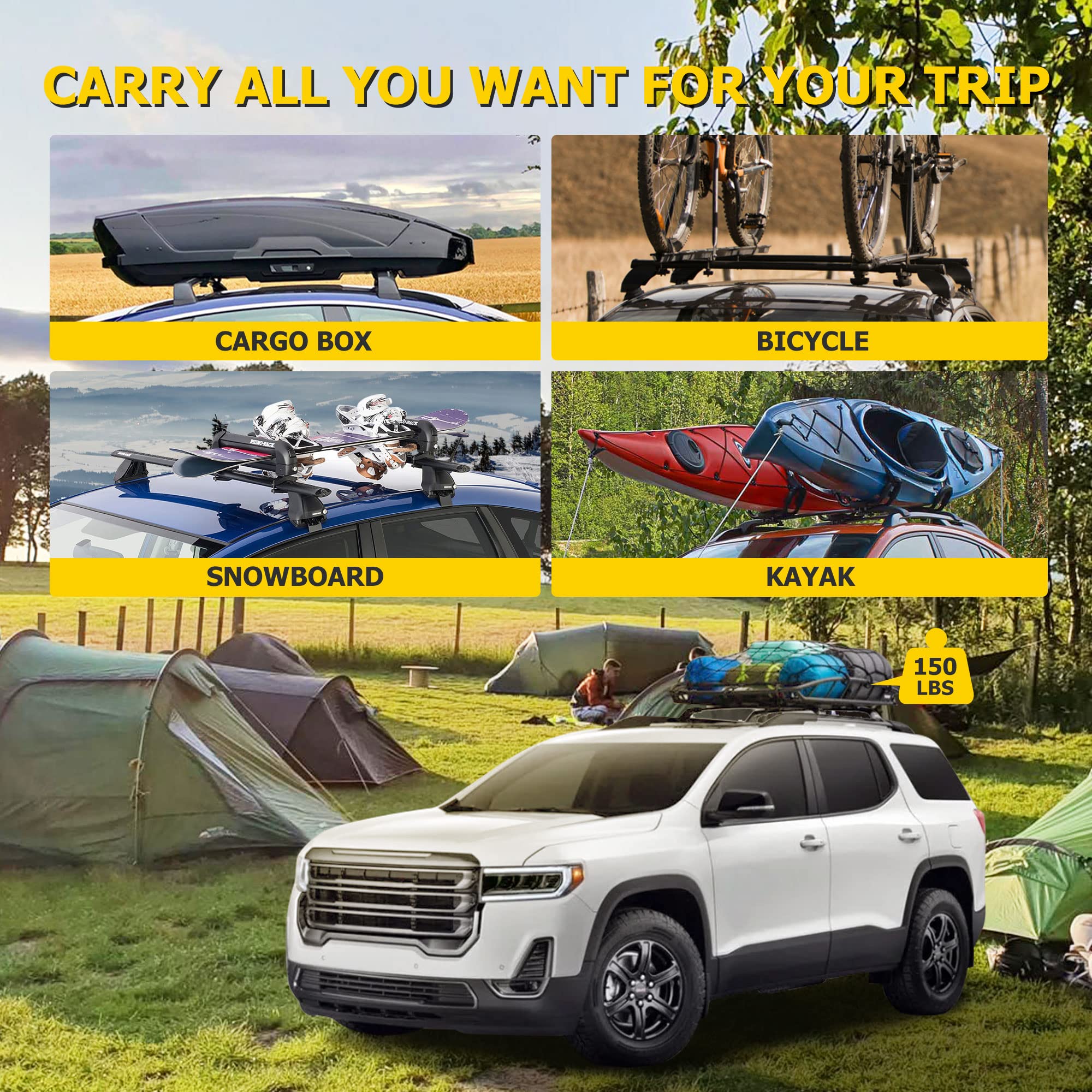 AUXMART Aluminum Roof Rack Cross Bars for 2017-2023 GMC Acadia - 165LBS Capacity, Bright Black Cargo Bars for One-Piece Side Rails (with Fixed Points) | Perfect for Road Trips, Camping Gear & Outdoor Adventures