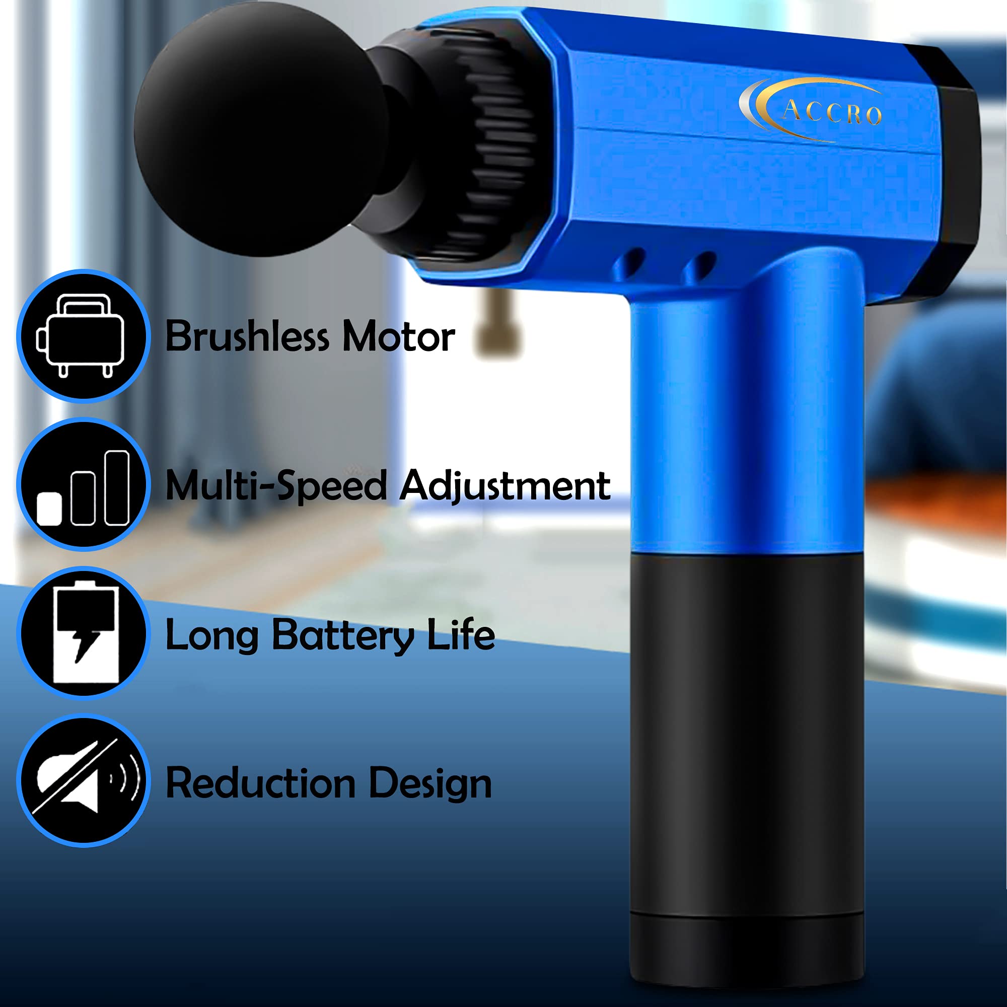 **Accro Deep Tissue Massage Gun for Athletes - 6 Attachments, Portable Handheld Muscle Massager for Pain Relief, Recovery & Relaxation - Blue (Includes Storage Bag) - Perfect for Post-Workout, Physical Therapy & Home Use**