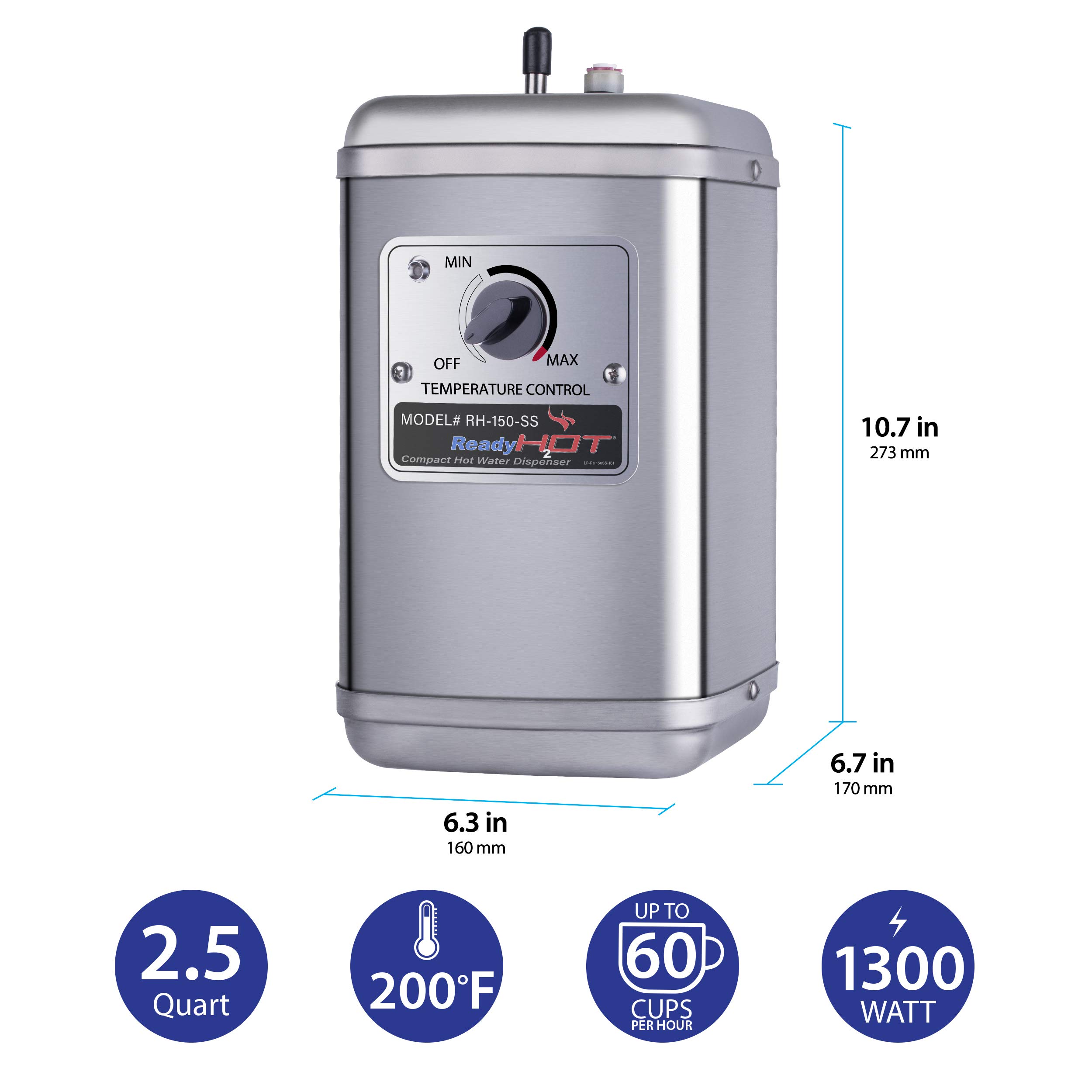 Compact Instant Hot Water Dispenser - Wall Mounted Stainless Steel Tank with Adjustable Temperature Control (Tank Only, No Faucet) - Perfect for Office, Kitchen, or Small Spaces - Model 40-RH-150-SS