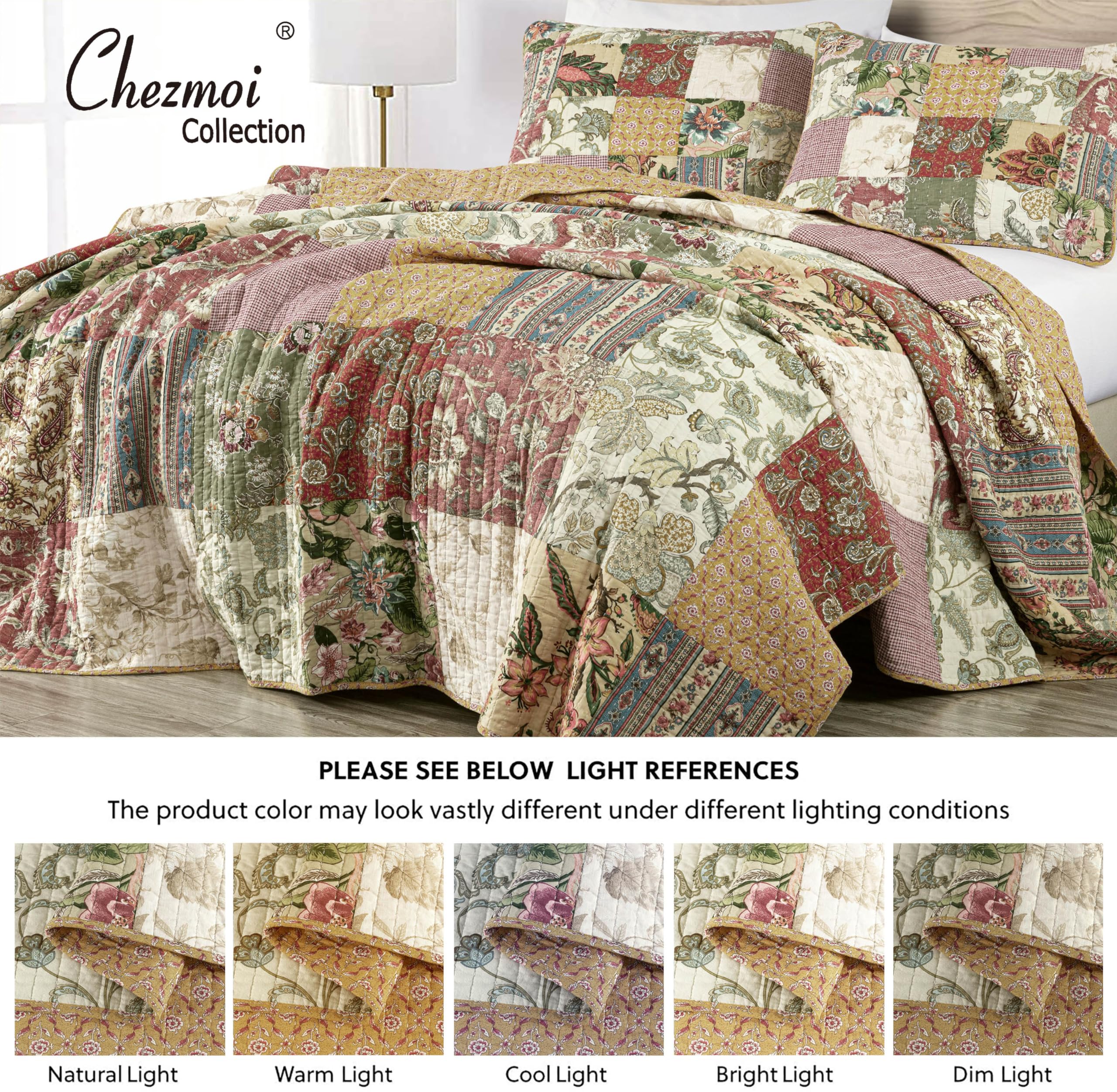 Chezmoi Collection Delaney 3-Piece Floral Patchwork Quilt Set - 100% Pre-Washed Cotton King Size Bedding for Master Bedroom & Guest Room Decor