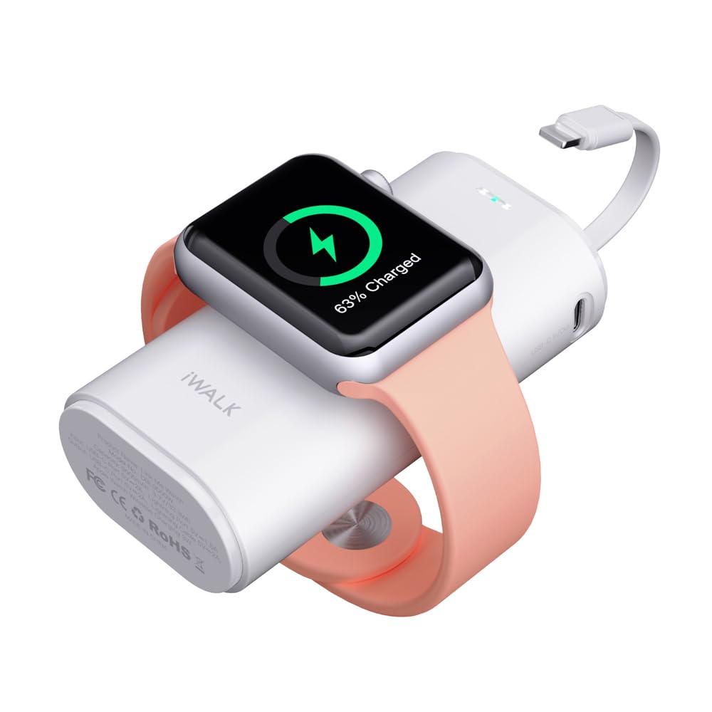 iWALK 9000mAh Portable Charger for Apple Watch & iPhone - Built-in Cable Power Bank Compatible with Apple Watch Series 8/7/6/SE/5/4/3/2 & iPhone 14/13/12/11/6s (White) | Perfect for Travel, Gym & Outdoor Activities