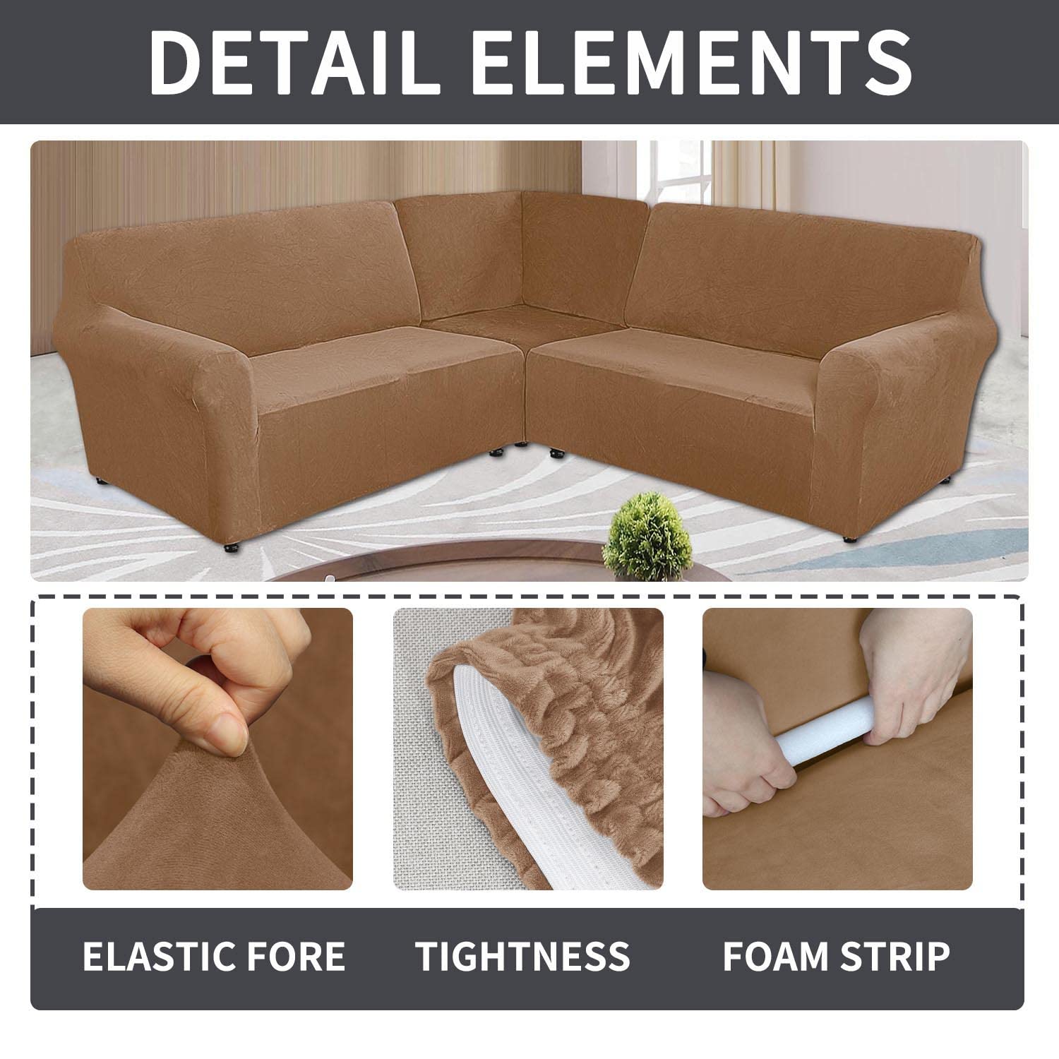 ELEOPTION 5-Piece L-Shaped Sectional Sofa Cover - Stretch Velvet Slipcover for Corner Couch, Soft Washable Furniture Protector in Khaki - Perfect for Living Room, Family Room, and Home Theater Seating