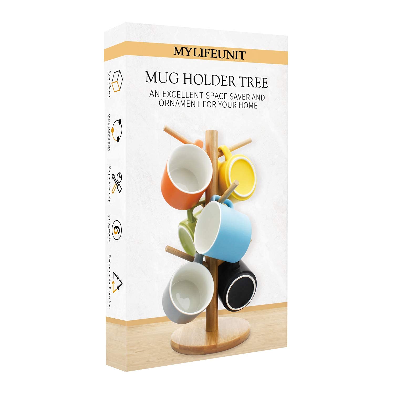 MyLifeUNIT Mug Holder Tree - 6 Hook Coffee Cup Organizer for Kitchen, Office, or Dorm (Yellow) | Space-Saving Storage Solution for Mugs, Cups & More